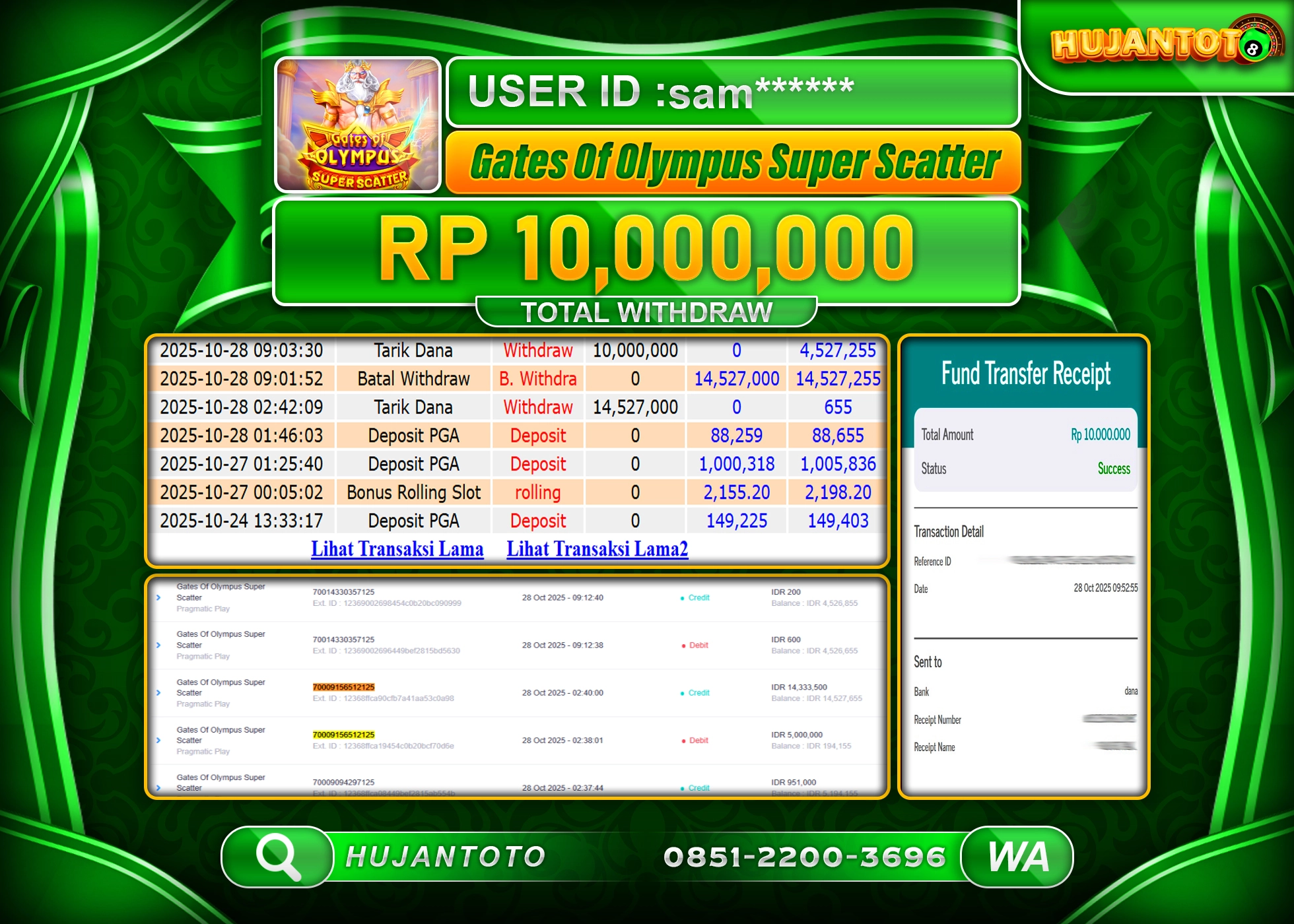 HUJANTOTO - BUKTI JACKPOT MENANG SLOT GATES OF OLYMPUS SUPER SCATTER Rp.10,000,000 - TERBAYAR LUNAS