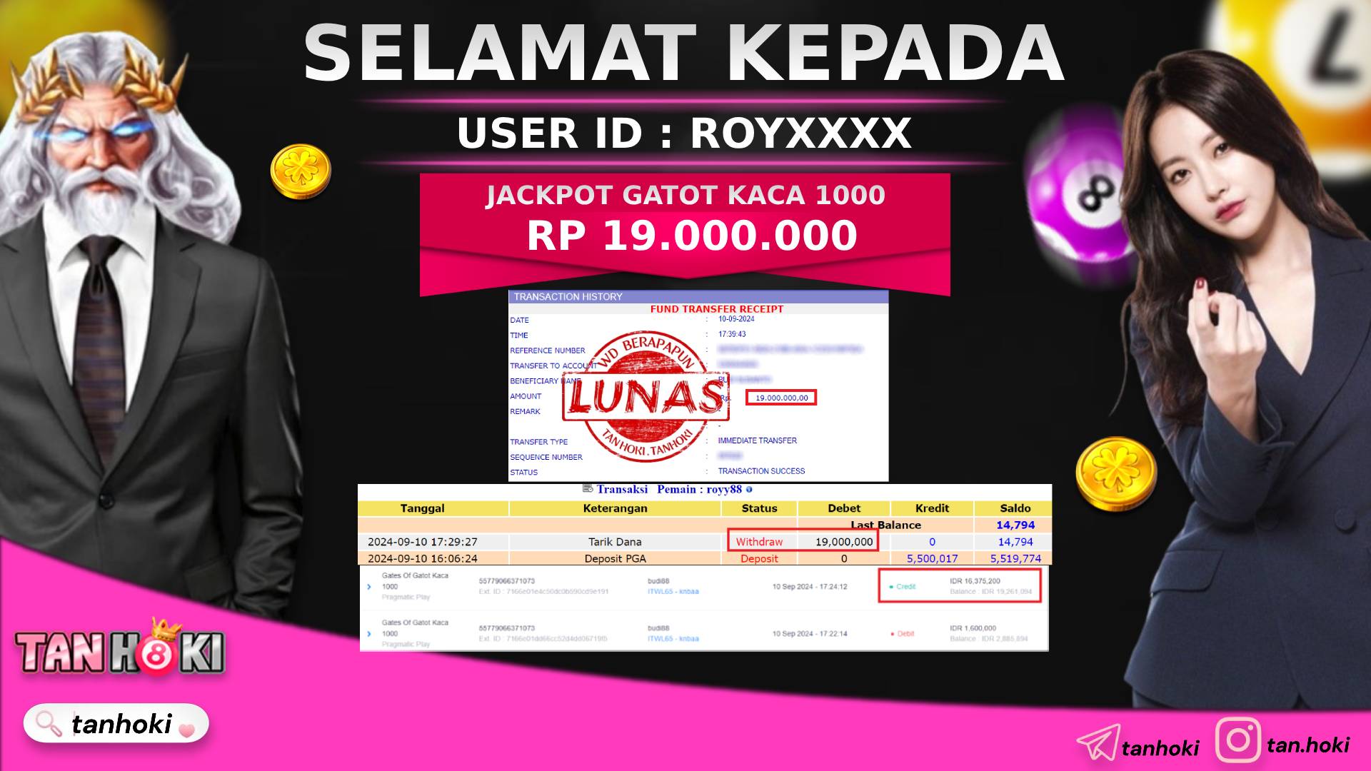 TANHOKI JACKPOT SLOT GATOT KACA 1000 Rp.19.000.000,- LUNAS