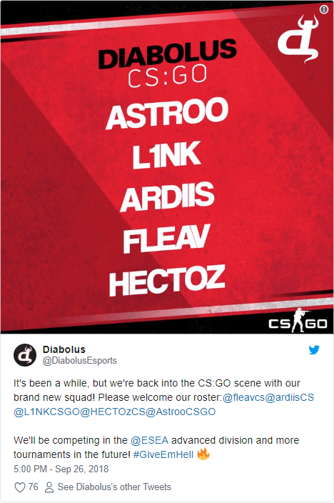 Diabolus Esports announcing their new CS:GO roster.