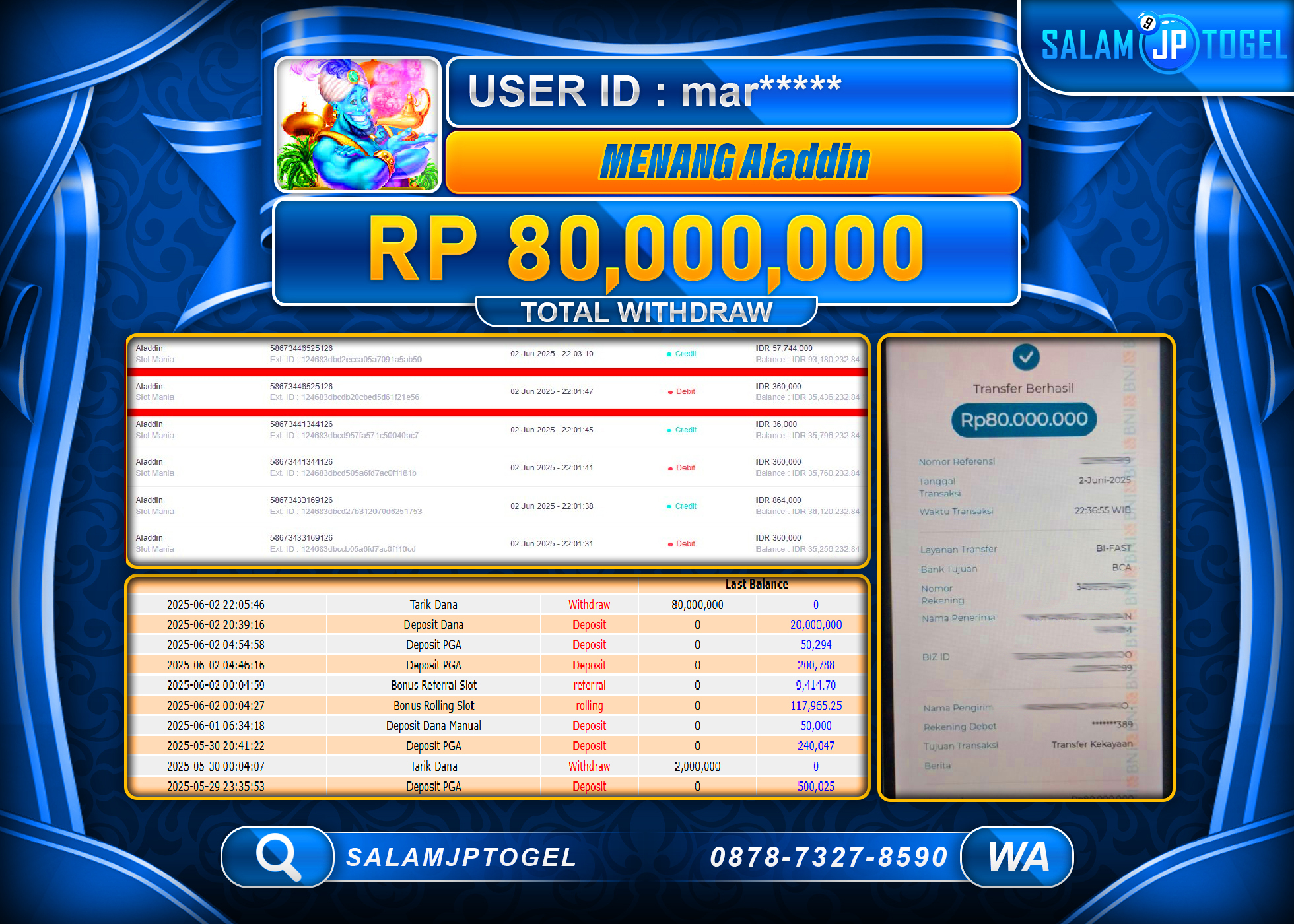 SALAMJPTOGEL MENANG Aladin  Rp.80,000,000 LUNAS