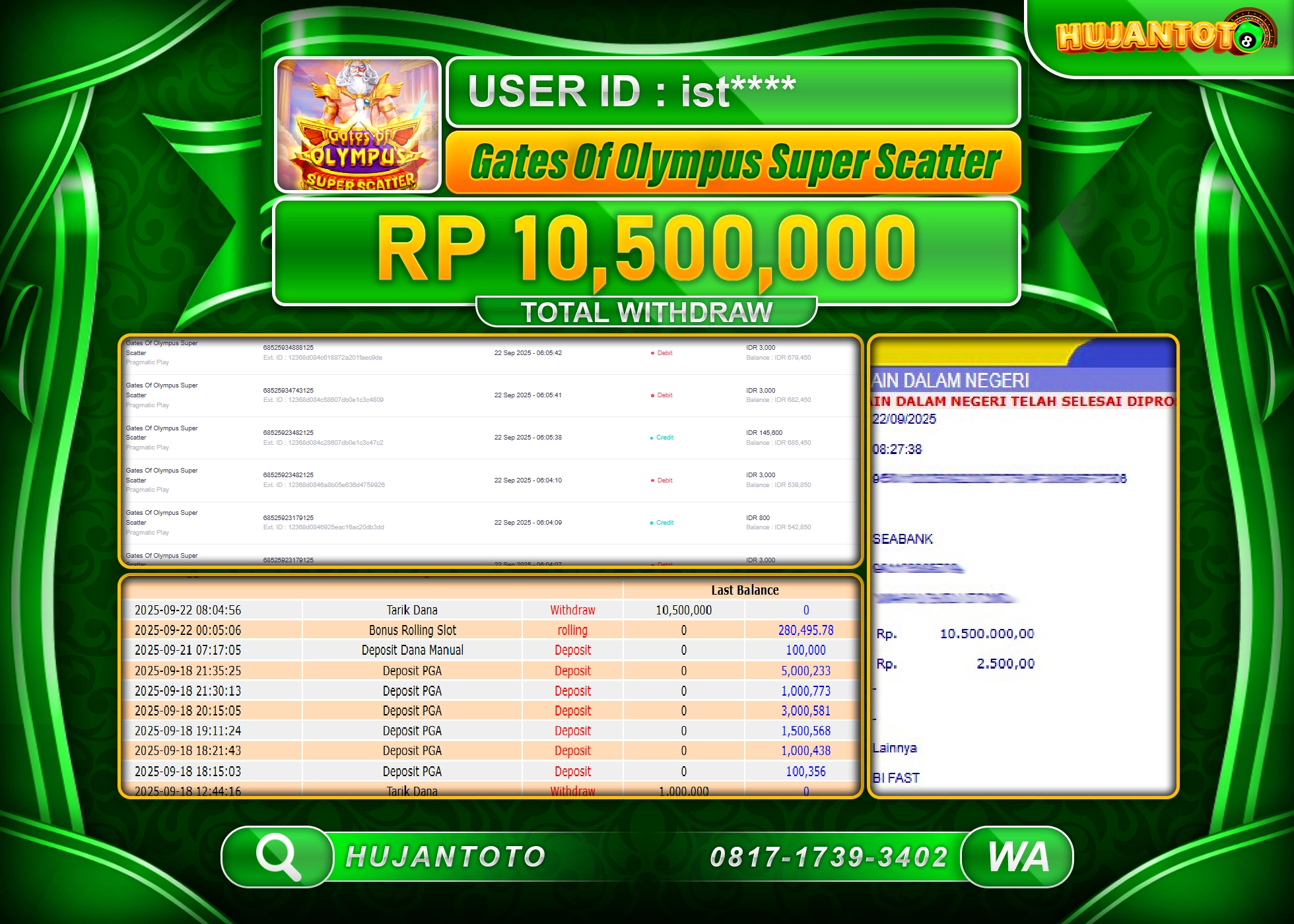 HUJANTOTO - BUKTI JACKPOT MENANG GATES OF OLYMPUS SUPER SCATTER Rp.10,500,000 - TERBAYAR LUNAS