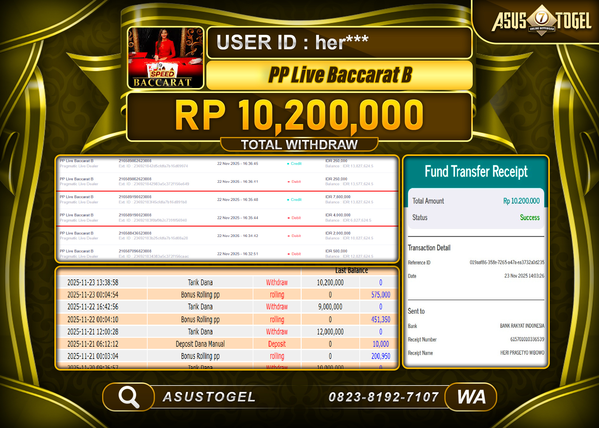 ASUSTOGEL KEMENANGAN DI LIVE GAME PP LIVE BACCARAT B  SEBESAR 10,200,000 - RUPIAH LUNAS