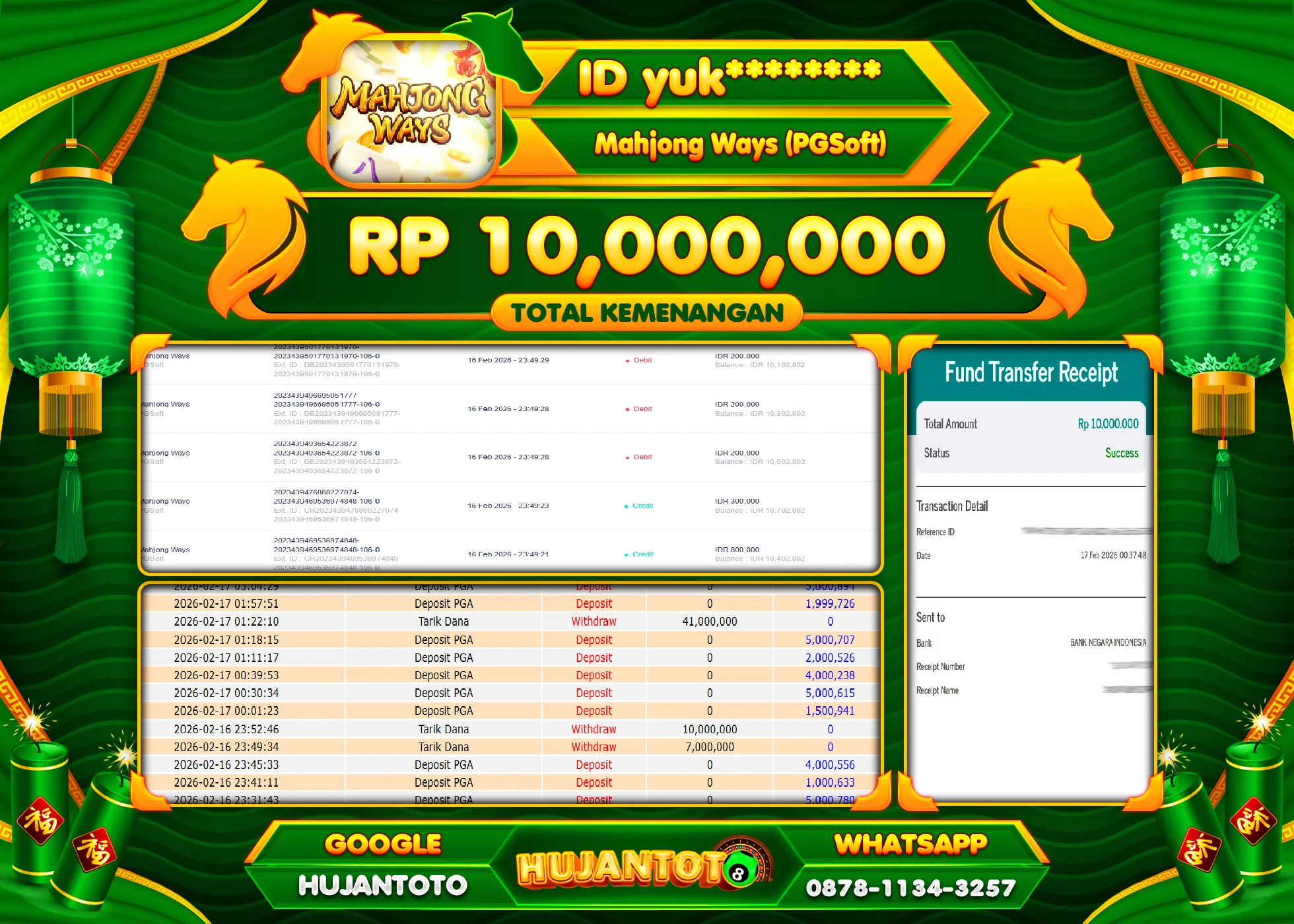 HUJANTOTO - BUKTI JACKPOT MENANG SLOT MAHJONG WAYS Rp.10,000,000 - TERBAYAR LUNAS