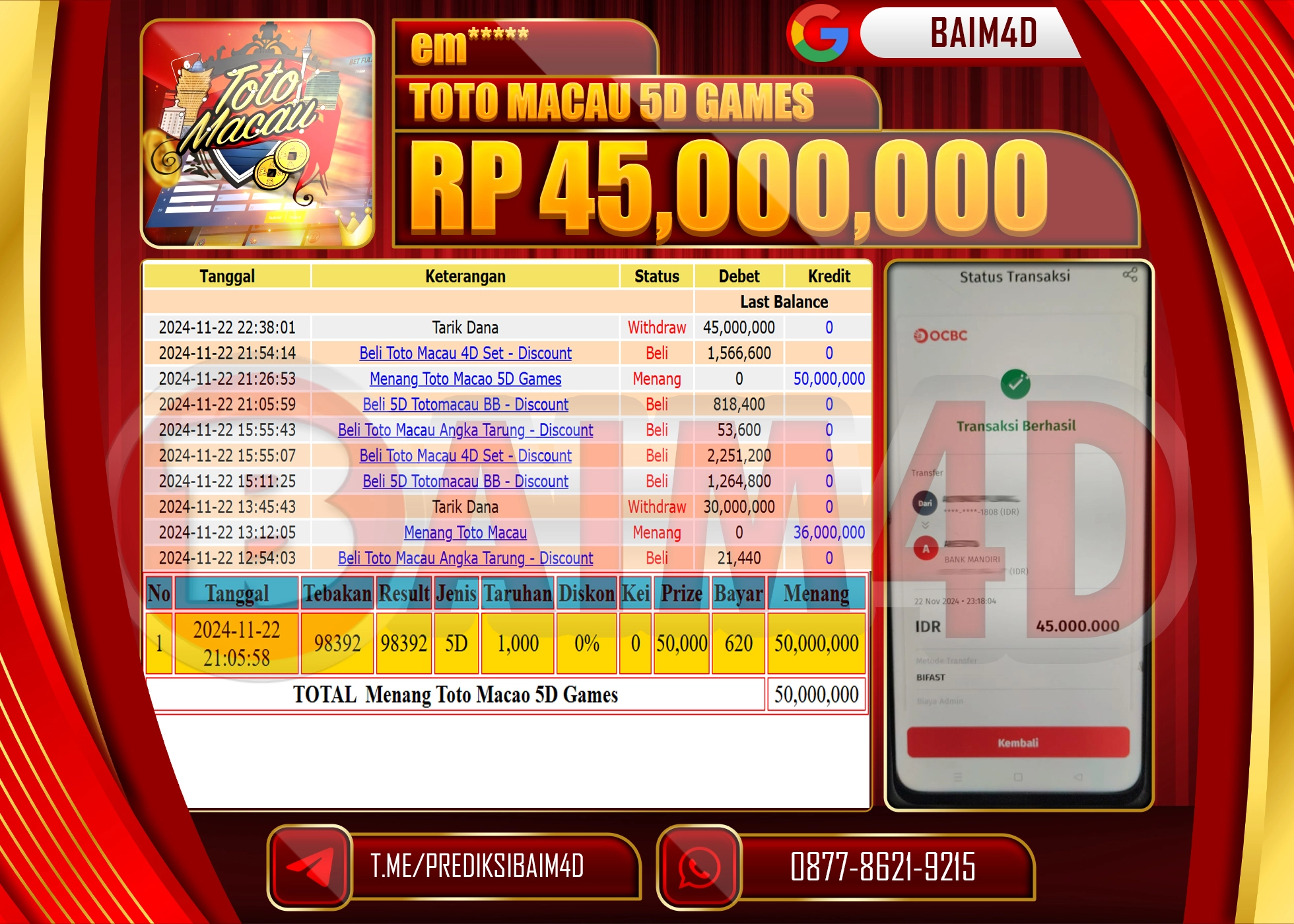 BAIM4D JACKPOT MENANG TOTO MACAU 5D GAMES Rp.45.000,000.- LUNAS