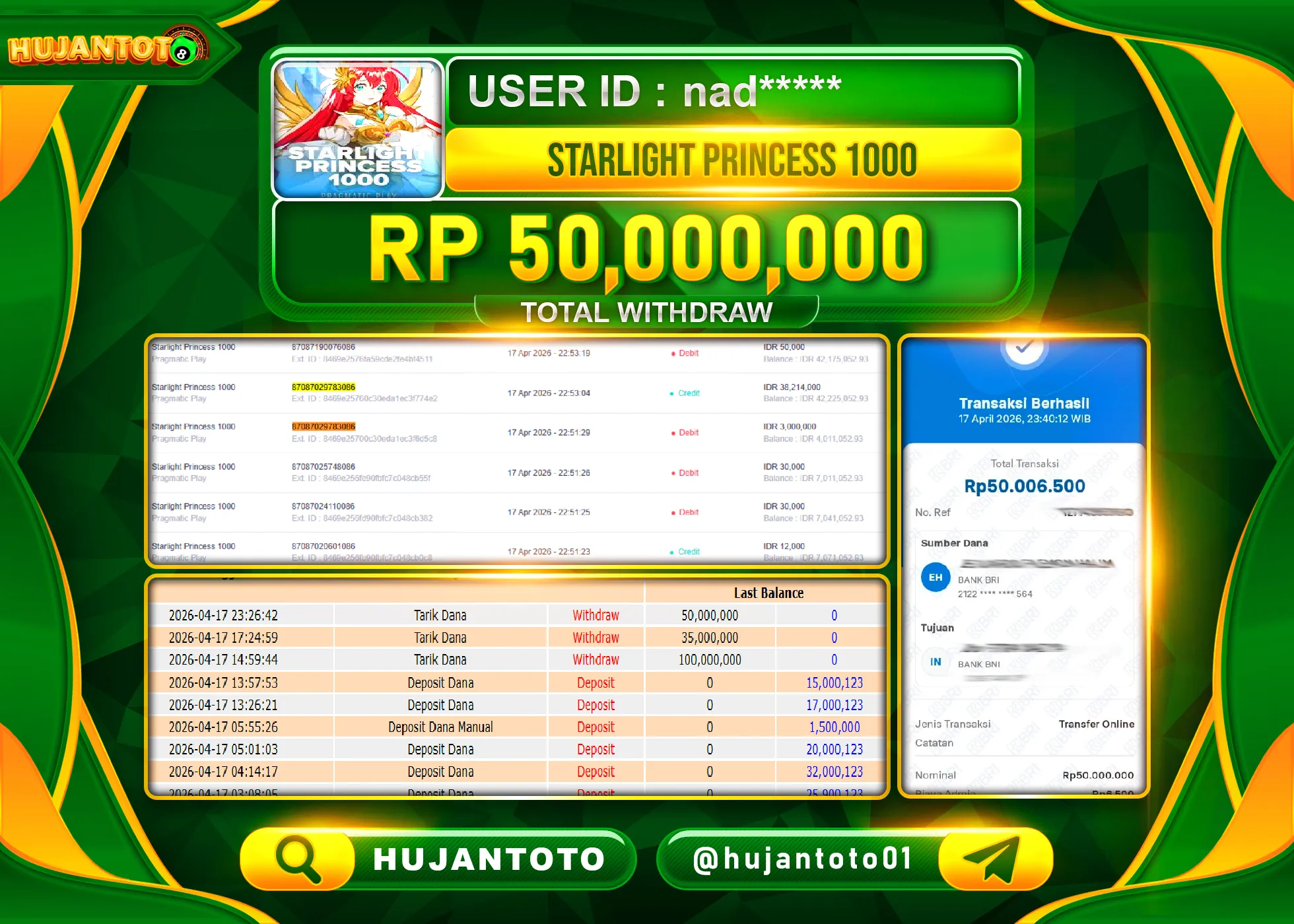 HUJANTOTO - BUKTI JACKPOT MENANG SLOT STARLIGHT PRINCESS 1000 Rp.50.000,000 - TERBAYAR LUNAS