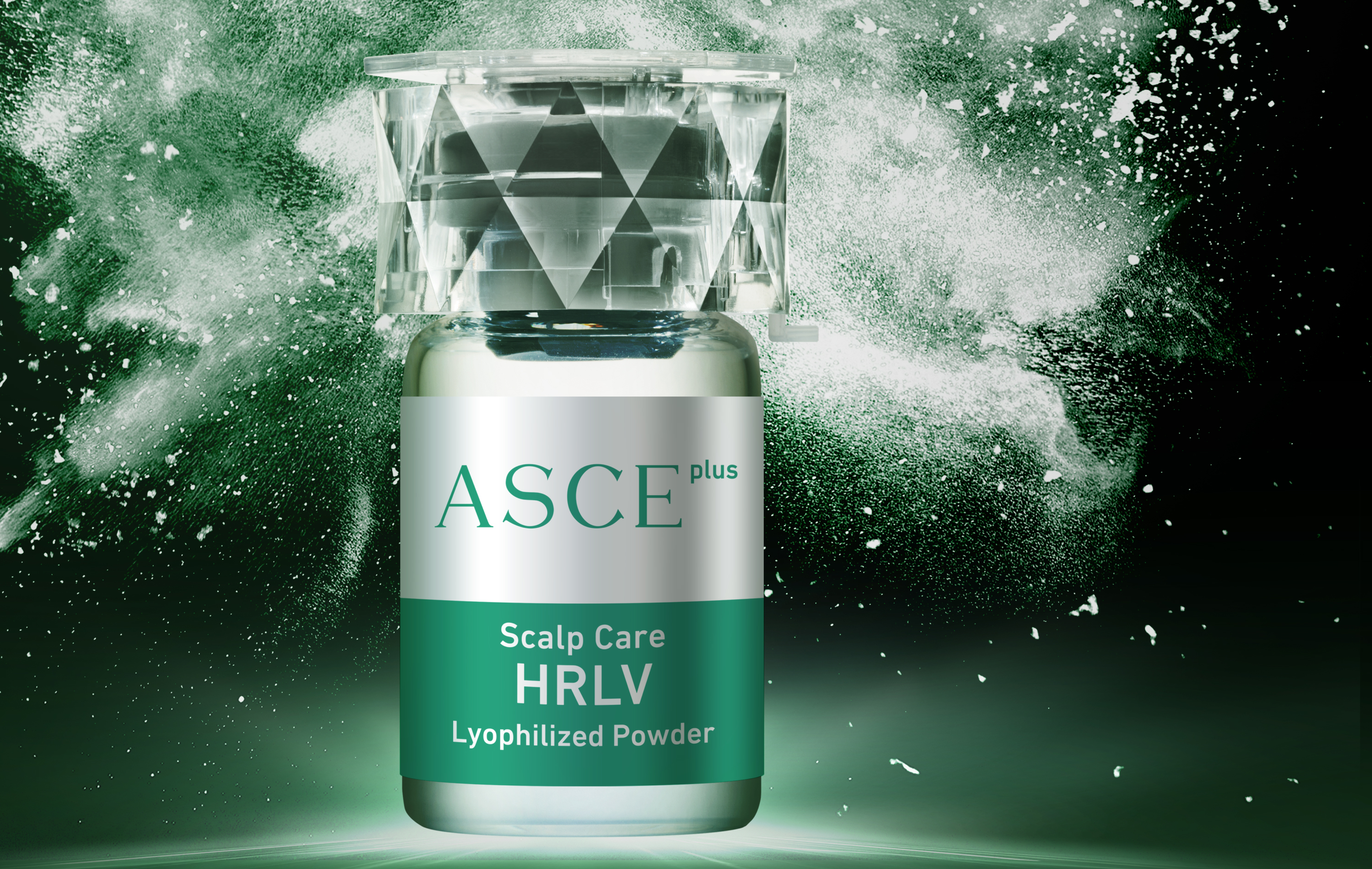 ASCE Plus HLRV Lyophilized Powder for Scalp Care against a green background.