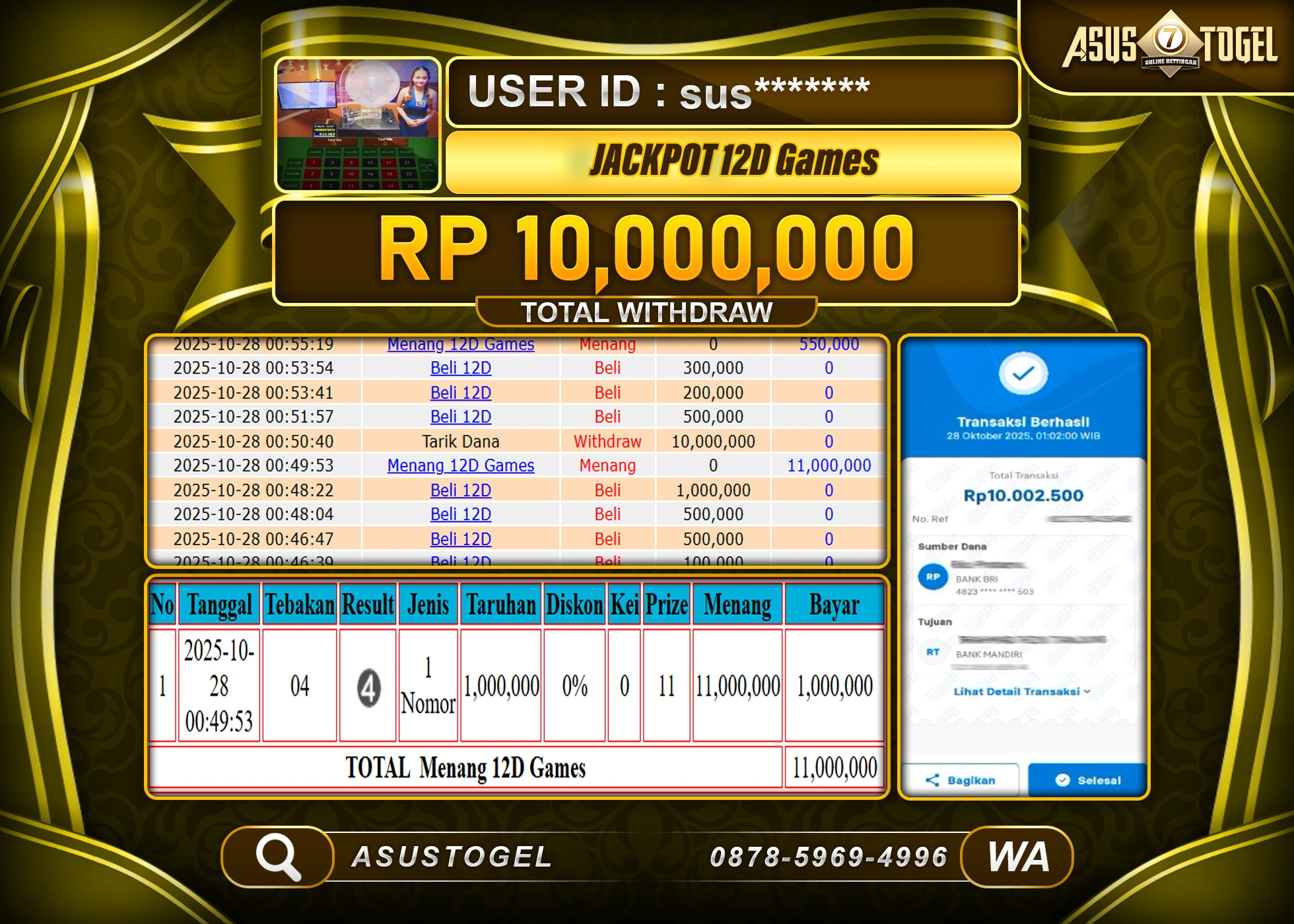 ASUSTOGEL KEMENANGAN DI LIVEGAME 12D GAMES SEBESAR 10,000,000- RUPIAH LUNAS