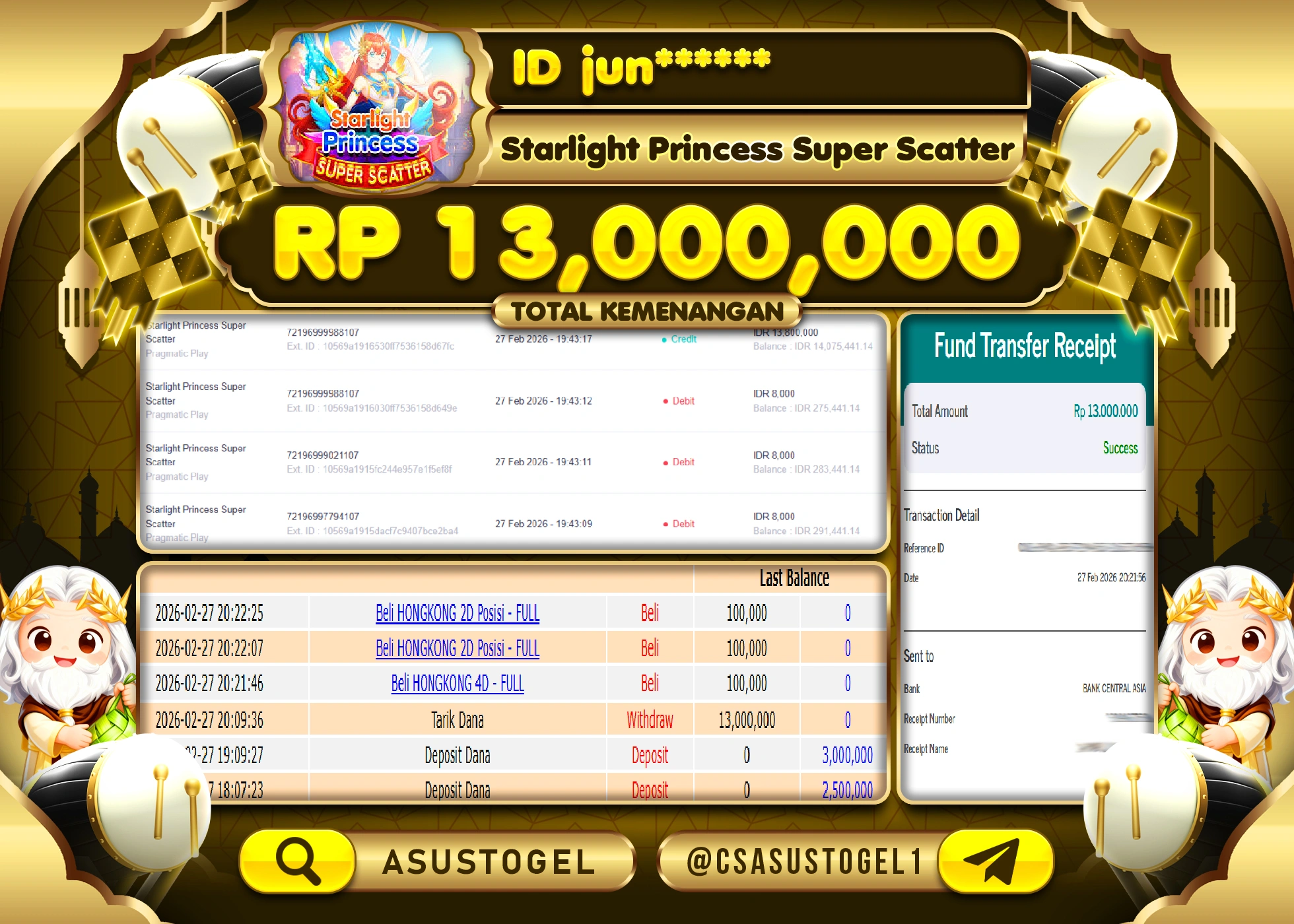 ASUSTOGEL KEMENANGAN DI STARLIGHT PRINCESS SUPER SCATTER SEBESAR 13,000,000 - RUPIAH LUNAS