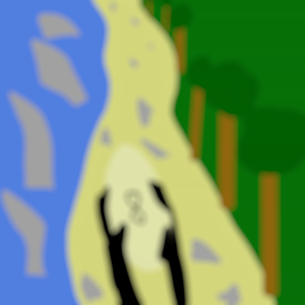 a very blurry digital drawing of a rocky beach, with an ocean filled with rocks to the left and an approximation of a forest to the right. In the center of the image is an egg, nearly the same color as the sand, with a thin, blurry number '8' written on it. Two black silhouettes of hands grasp the egg uncertainly.