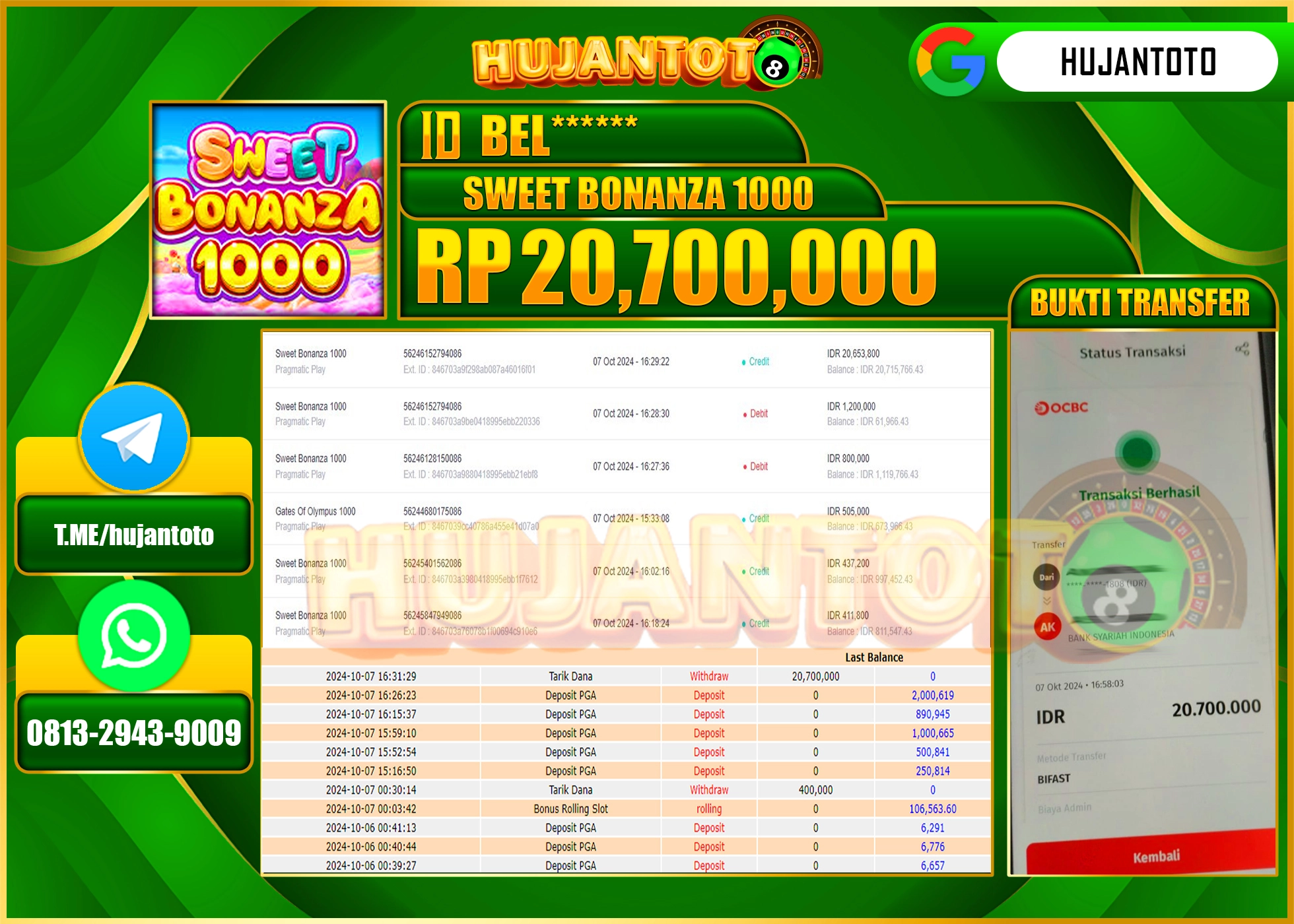HUJANTOTO MENANG DI SWEET BONANZA 1000 20,700,000- LUNAS 