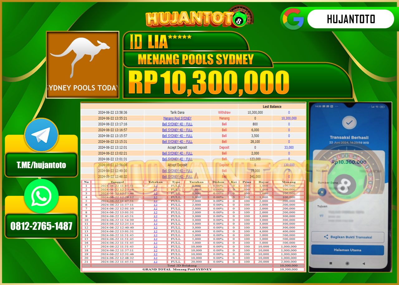 HUJANTOTO MENANG POOLS SYDNEY, WD 10,300,000 - LUNAS 
