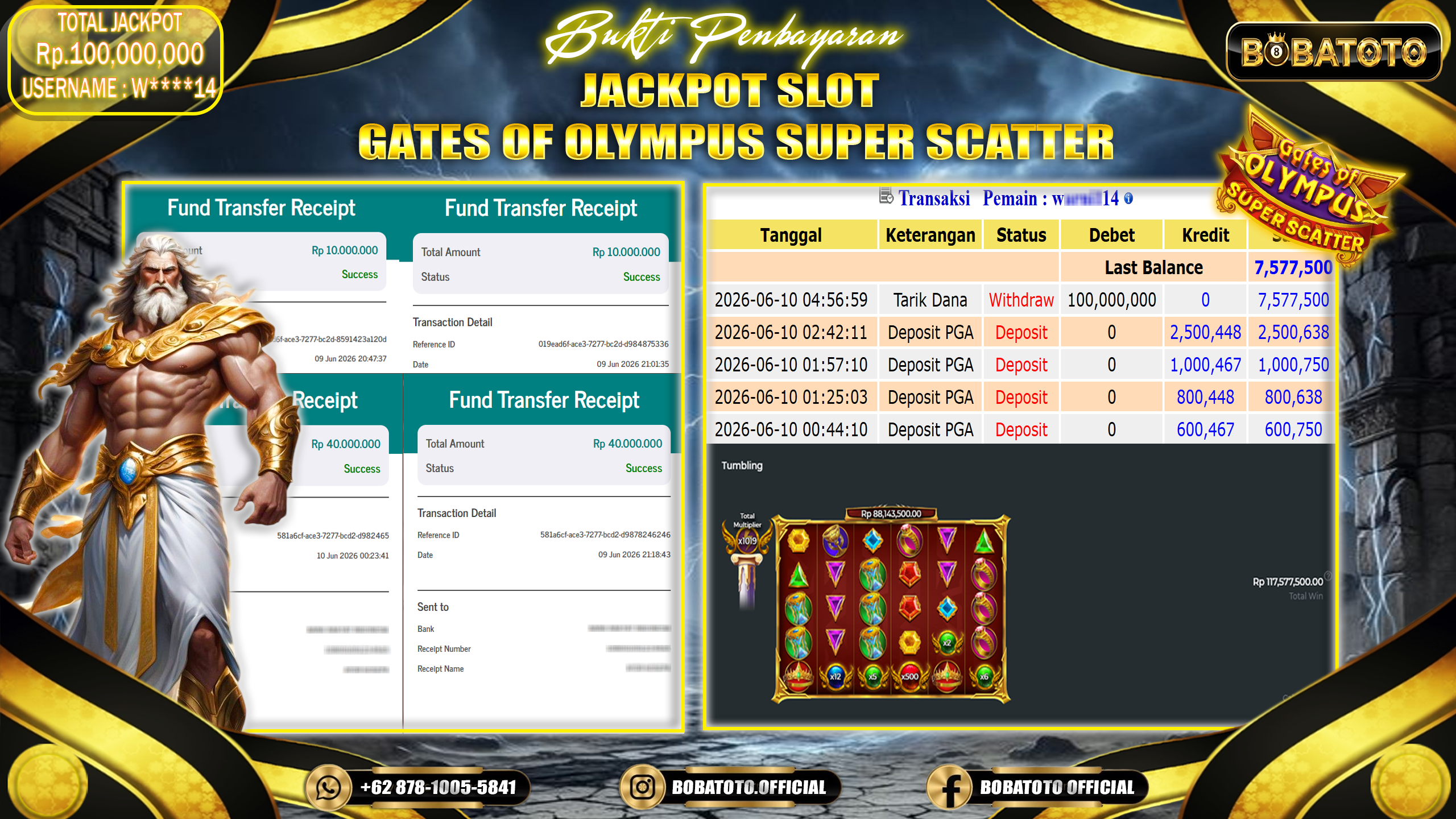 BOBATOTO JACKPOT SLOT GATES OF OLYMPUS SUPER SCATTER PRAGMATIC Rp.100,000,000,- LUNAS!!! 