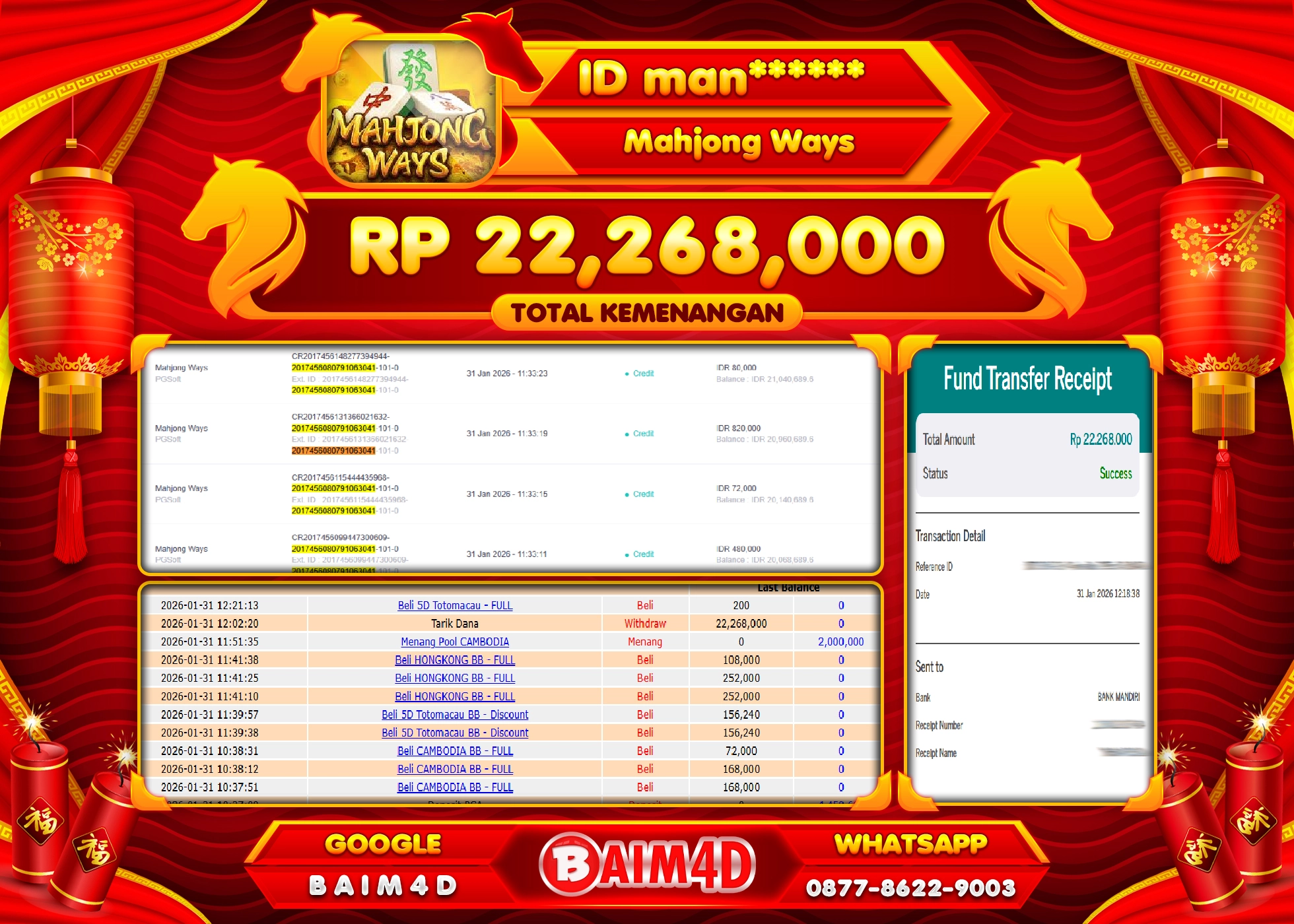 BAIM4D JACKPOT  SLOT MAHJONG WAYS Rp.22,268,000 - LUNAS