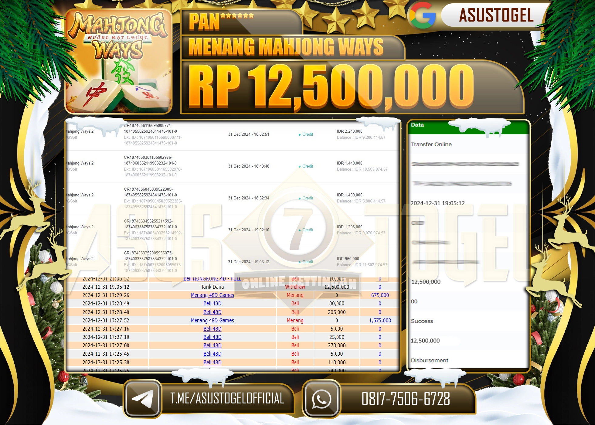 ASUSTOGEL KEMENANGAN DI SLOT MAHJONG WAYS 2 SEBESAR 12,500,000- RUPIAH LUNAS
