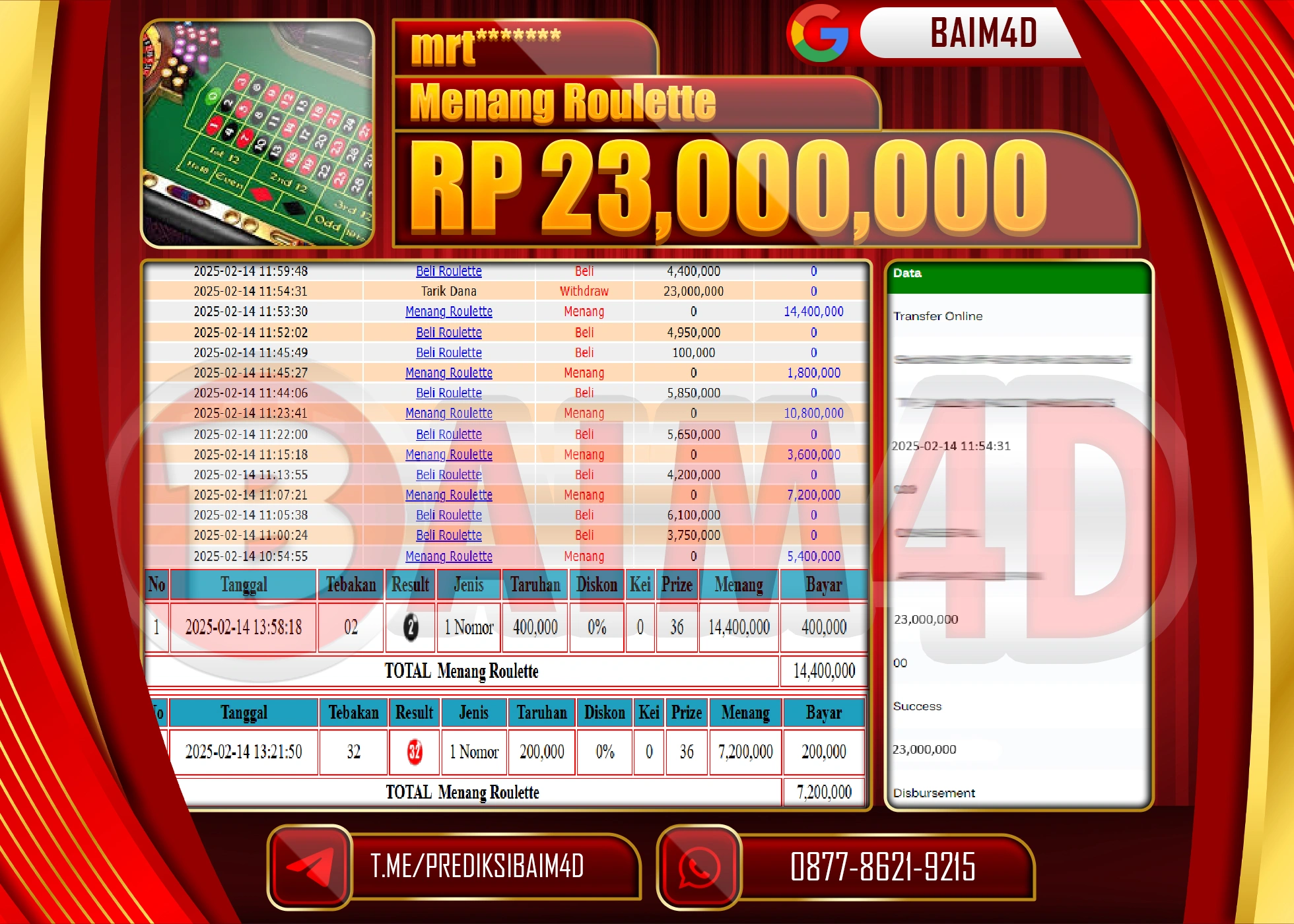 BAIM4D MENANG  MENANG ROULLETE GAMES   Rp.23.000,000.