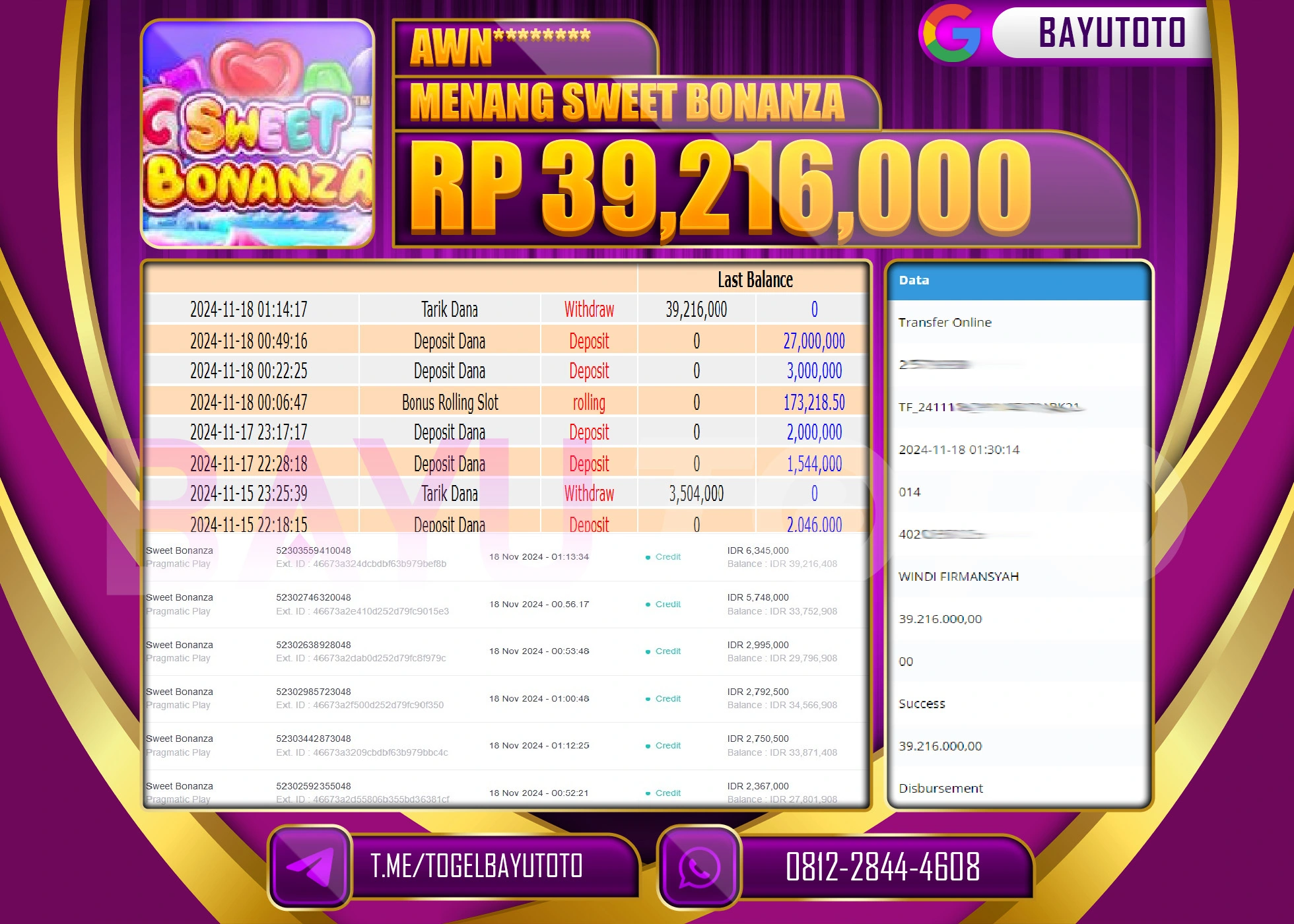 BAYUTOTO MENANG SLOT SWEET BONANZA 39,216,000 - LUNAS