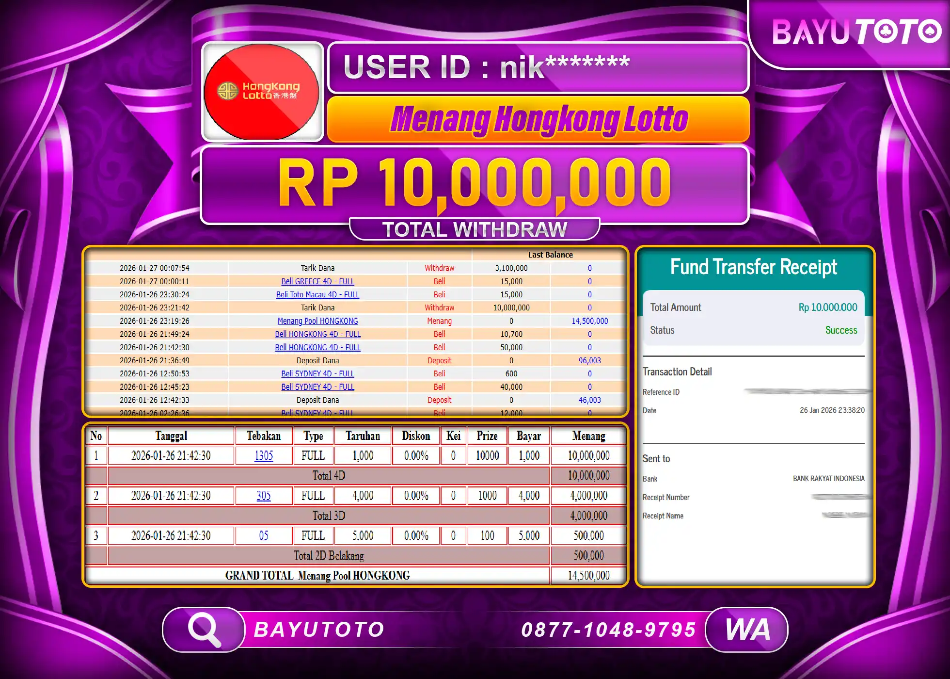 SELAMAT KEPADA MEMBER SETIA BAYUTOTO JACKPOT GAME TOGEL HONGKONG LOTTO Rp. 10,000,000 LUNAS