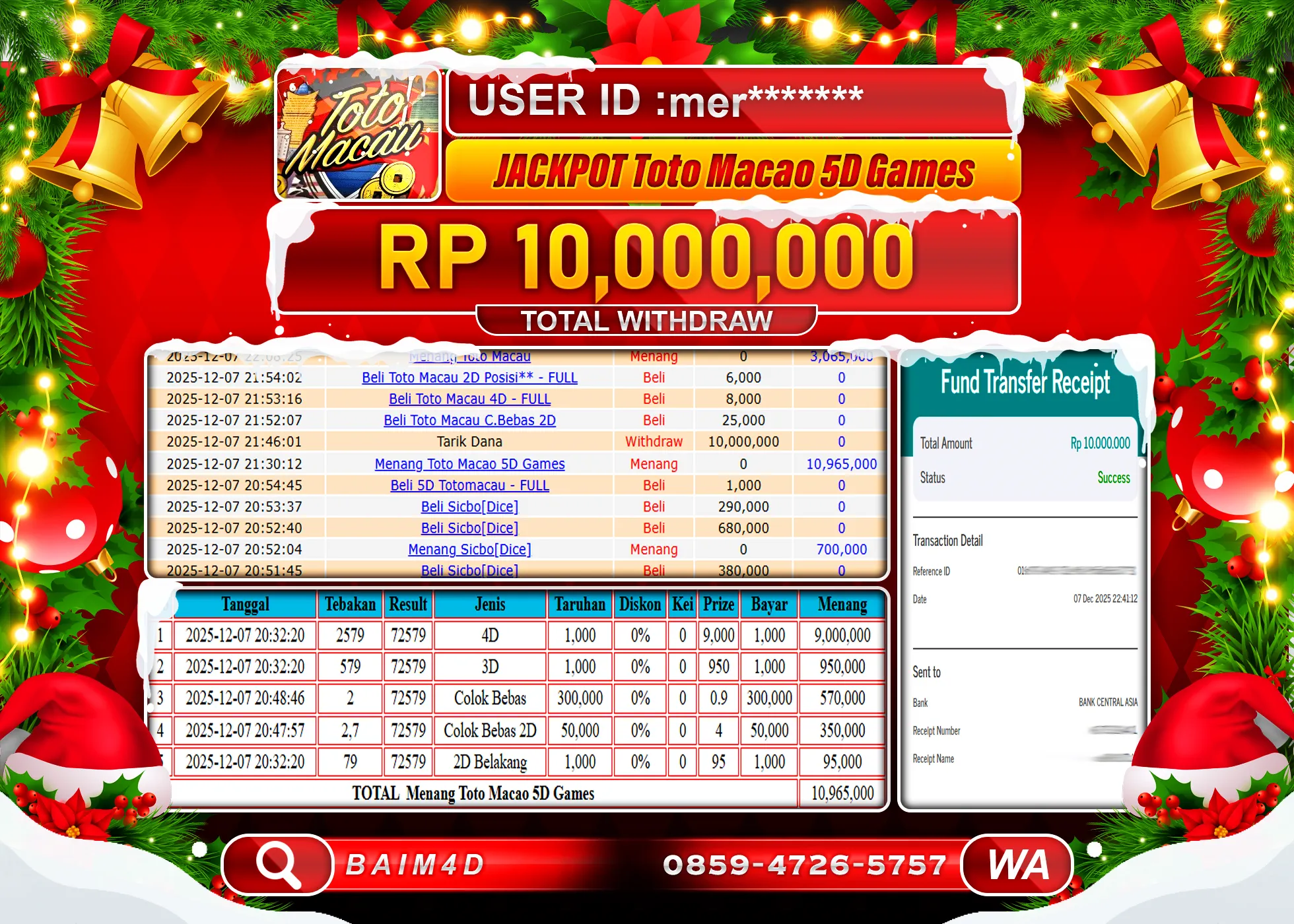 BAIM4D JACKPOT TOGEL TOTO MACAU 5D GAMES Rp.10,000,000 - LUNAS