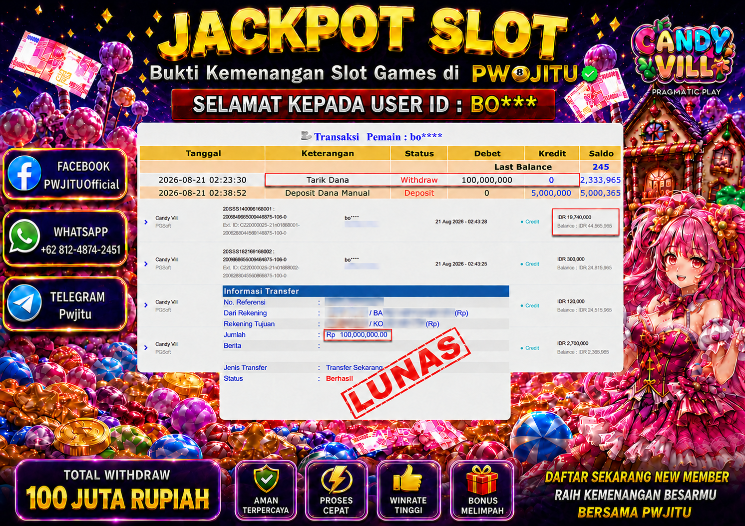 PWJITU JACKPOT SLOT Candy Vill  Rp.100.000.000,- LUNAS