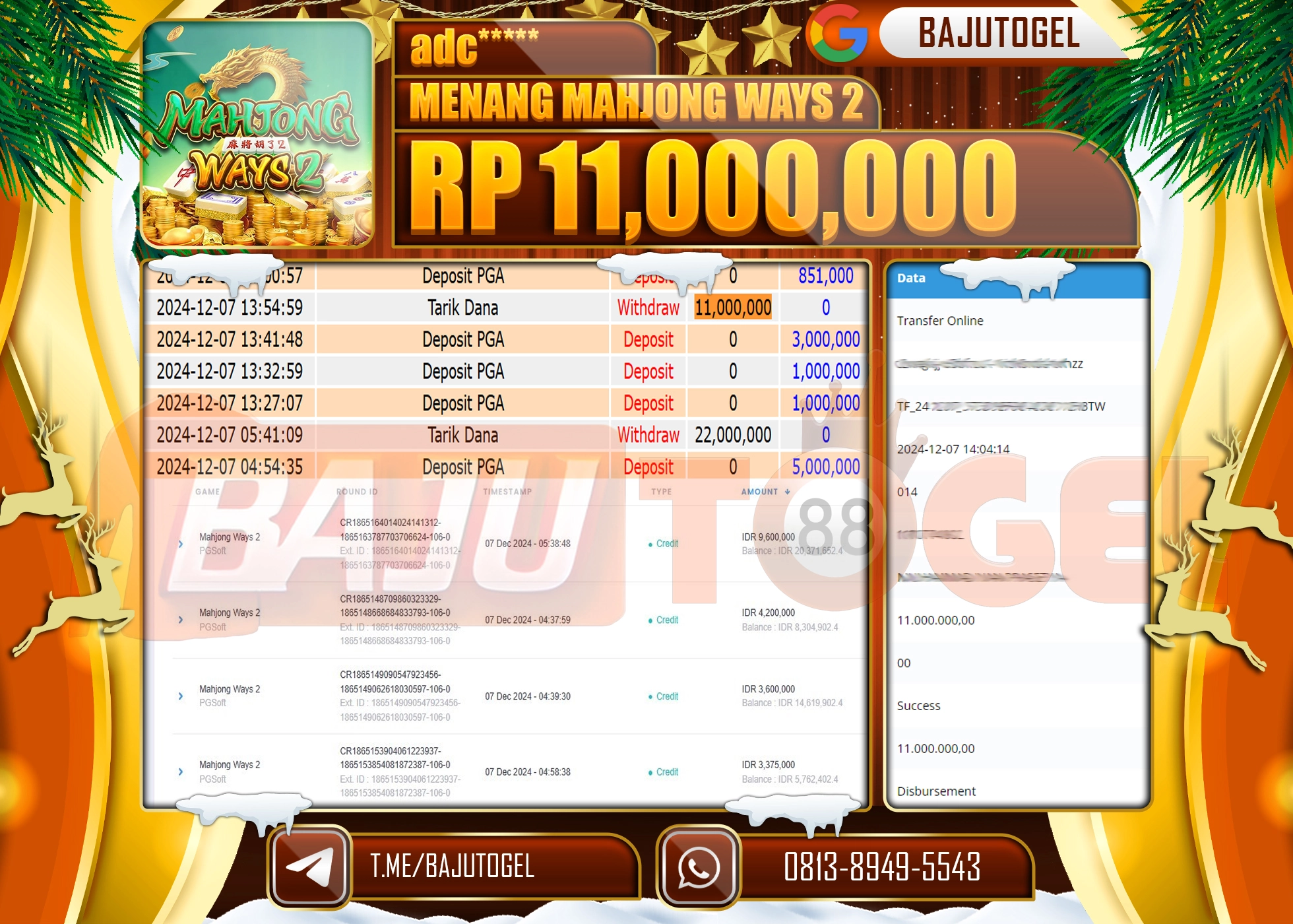 BAJUTOGEL JACKPOT MAHJONG WAYS 2 Rp.11.000.000 LUNAS