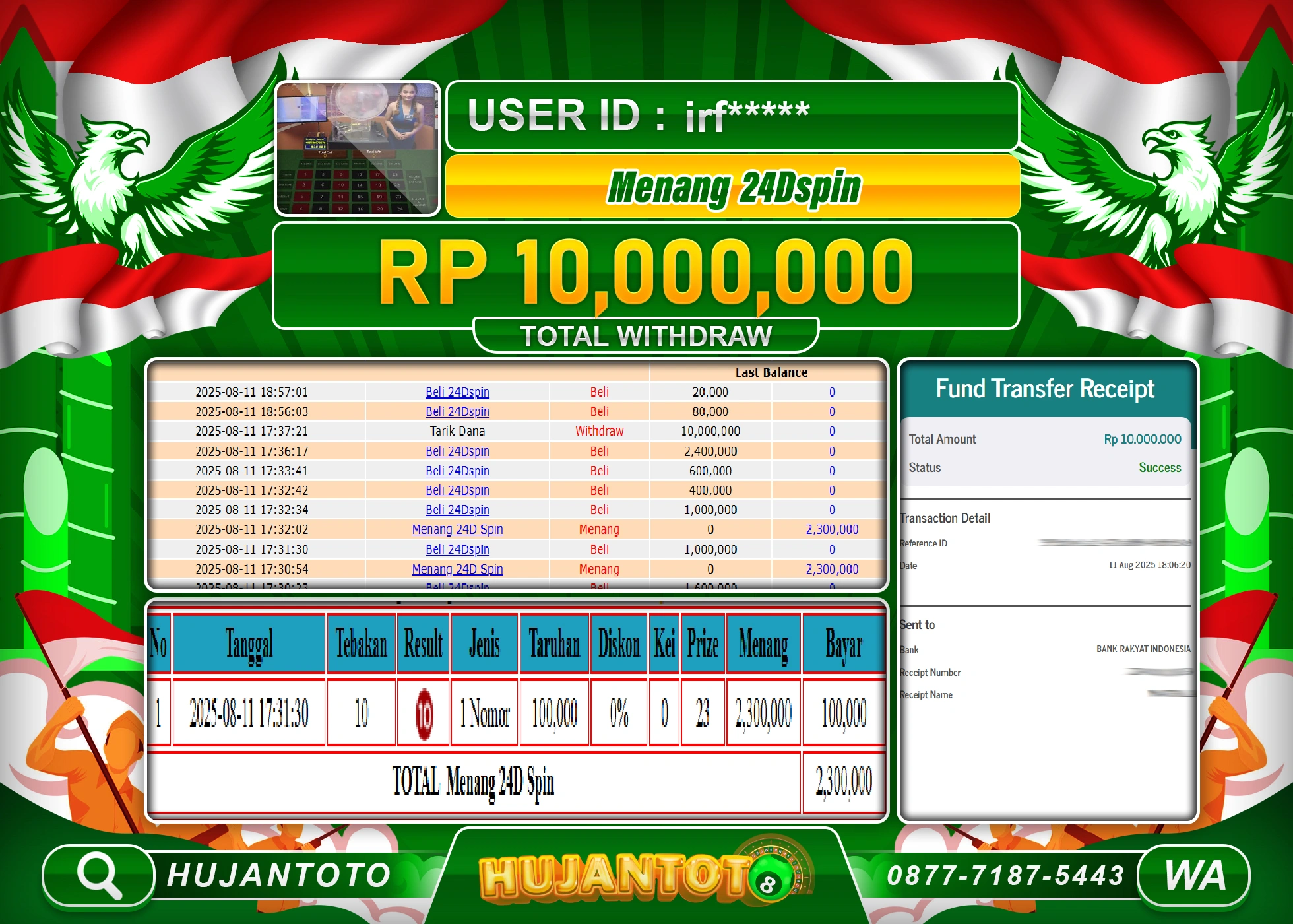HUJANTOTO - BUKTI JACKPOT MENANG LIVEGAME 24D SPIN Rp.10,000,000 - TERBAYAR LUNAS