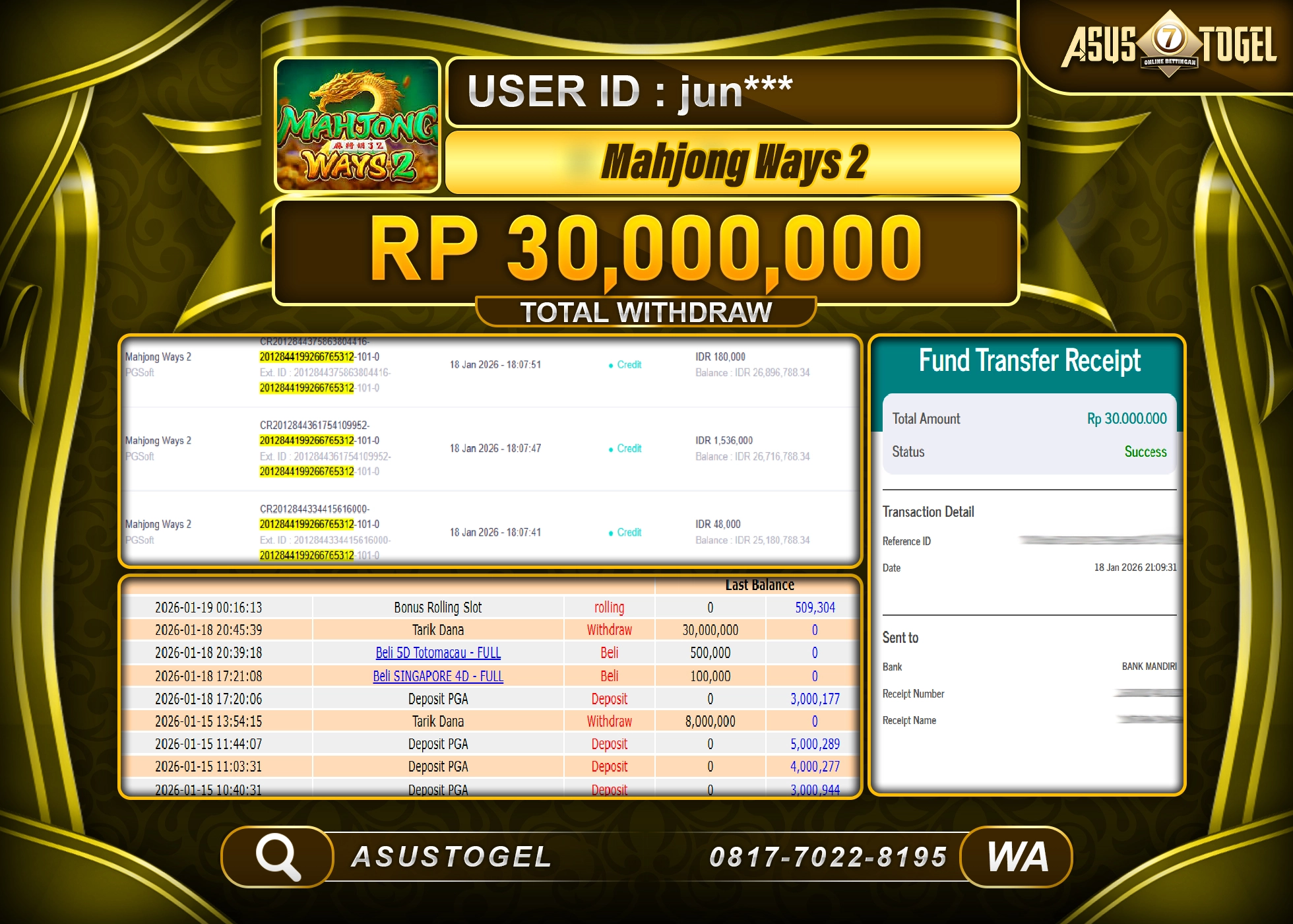 ASUSTOGEL KEMENANGAN DI SLOT MAHJONG WAYS 2 PG SOFT SEBESAR 30,000,000 - RUPIAH LUNAS