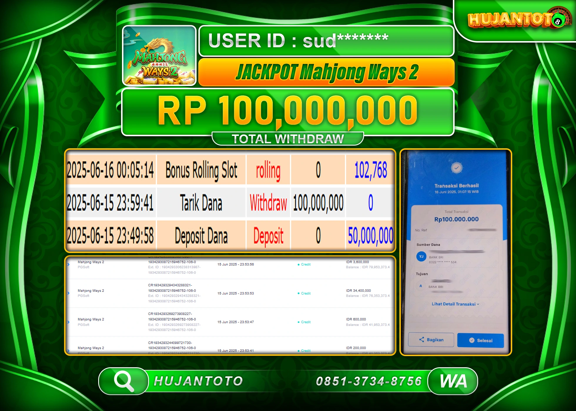 HUJANTOTO - BUKTI JACKPOT MENANG SLOT MAHJONG WAYS 2 Rp.100,000,000 - TERBAYAR LUNAS