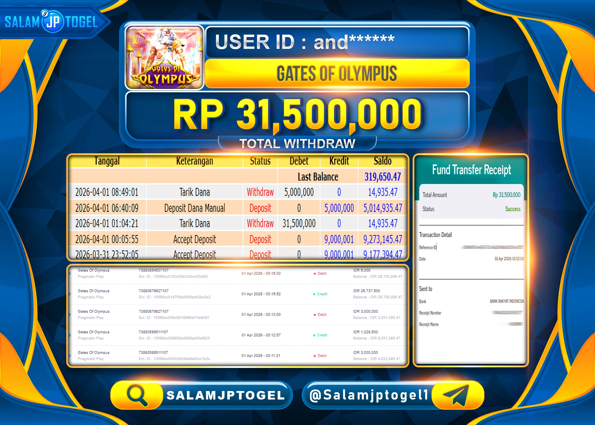 SALAMJPTOGEL MENANG JACKPOT SLOT GATE OF OLYMPUS Rp.31,500,000 - LUNAS