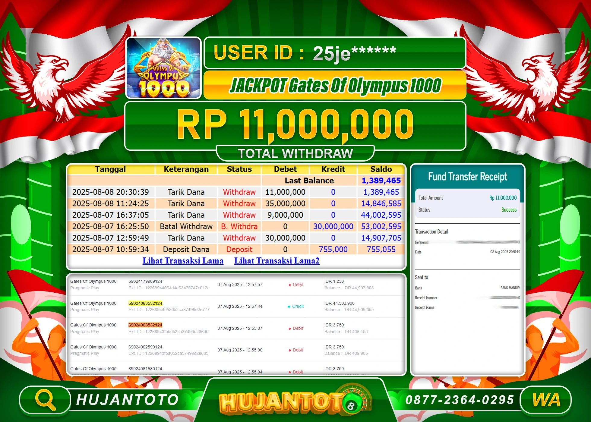 HUJANTOTO - BUKTI JACKPOT MENANG SLOT GATES OF OLYMPUS 1000 Rp.11,000,000 - TERBAYAR LUNAS