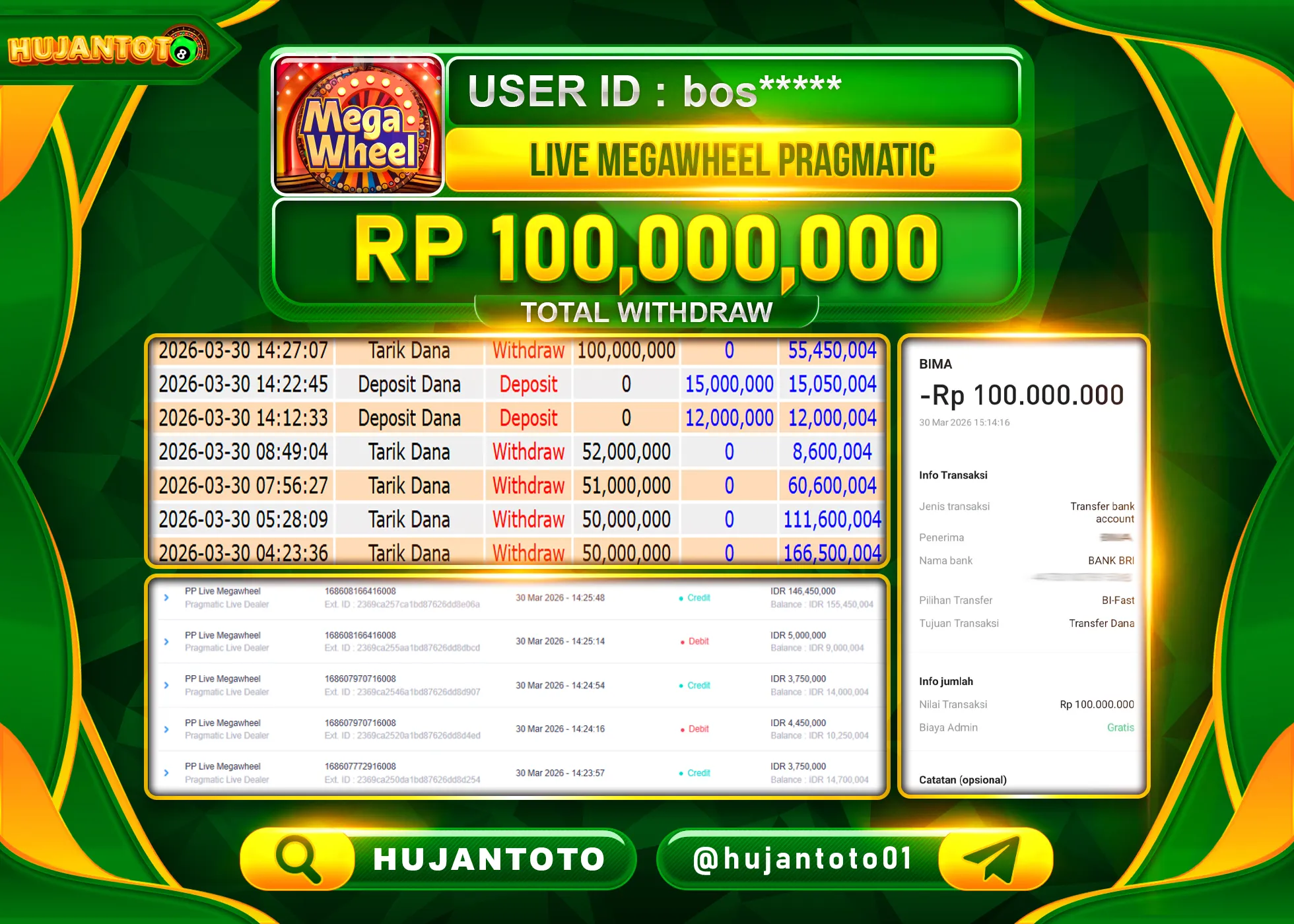 HUJANTOTO - BUKTI JACKPOT MENANG LIVEGAMES MEGAWHEEL  Rp.100,000,000 - TERBAYAR LUNAS
