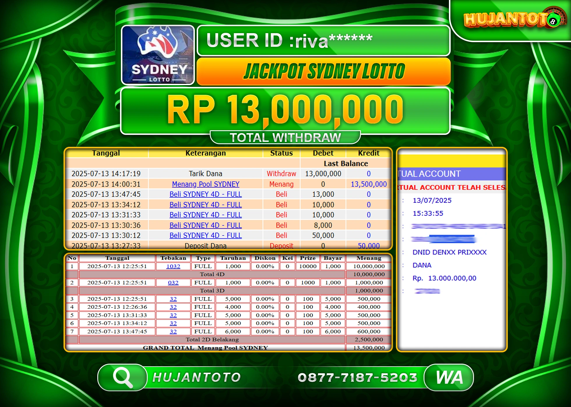 HUJANTOTO - BUKTI JACKPOT MENANG BESAR TOGEL SYDNEY LOTTO Rp.13,000,000 - TERBAYAR LUNAS