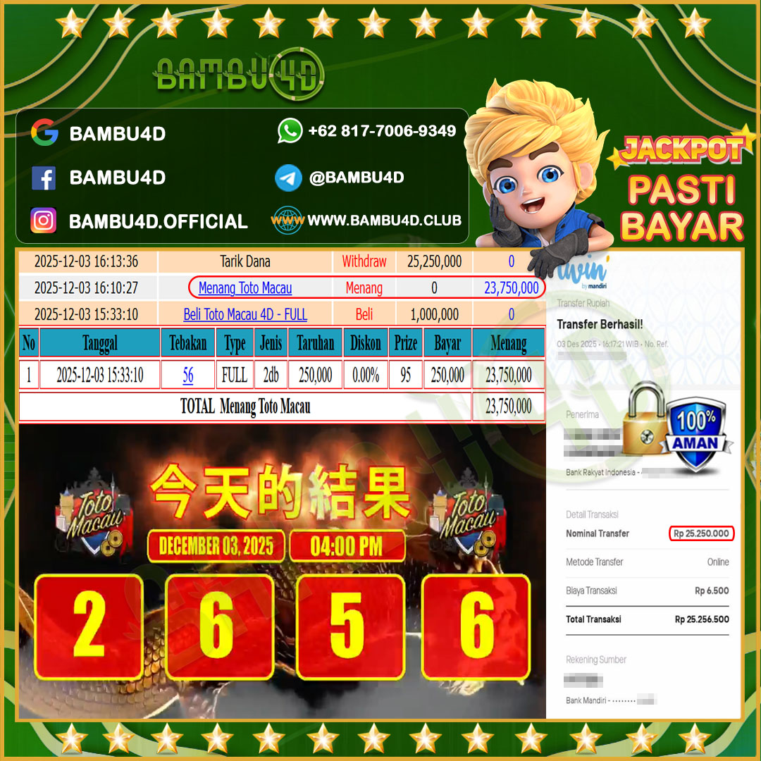 BAMBU4D JACKPOT TOGEL TOTOMACAU 4D Rp.23.750.000,- LUNAS