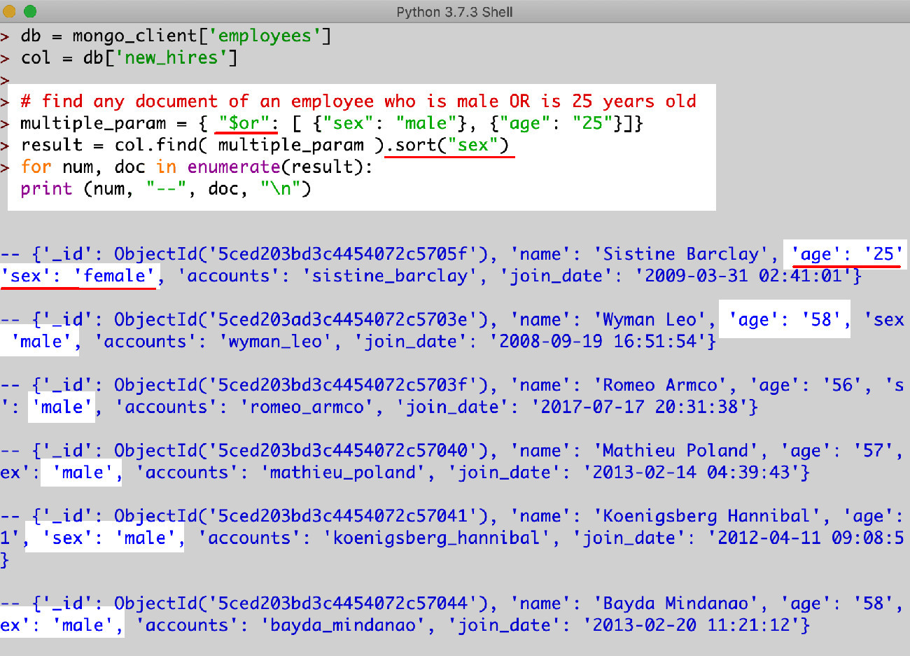 Python idle screenshot making a query request to MongoDB to find one condition $or another