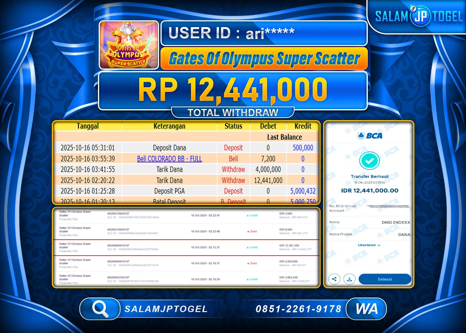 SALAMJPTOGEL MENANG GATES OF OLYMPUS  SS Rp.12,441,000  - LUNAS