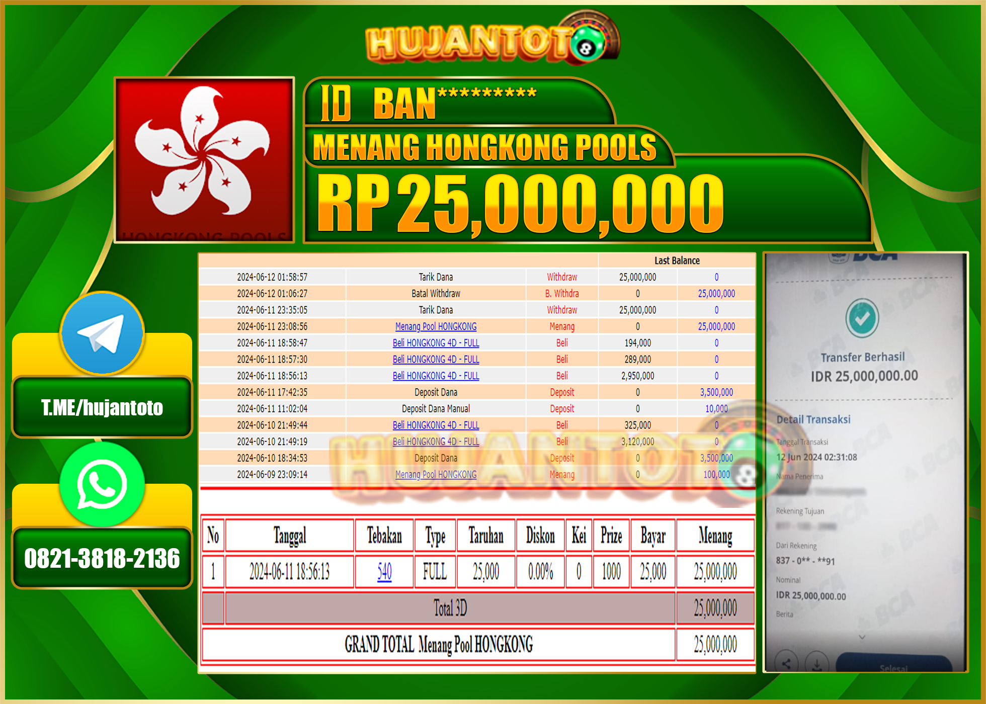 HUJANTOTO MENANG DI HONGKONG POOLS 25.000.000 - LUNAS 