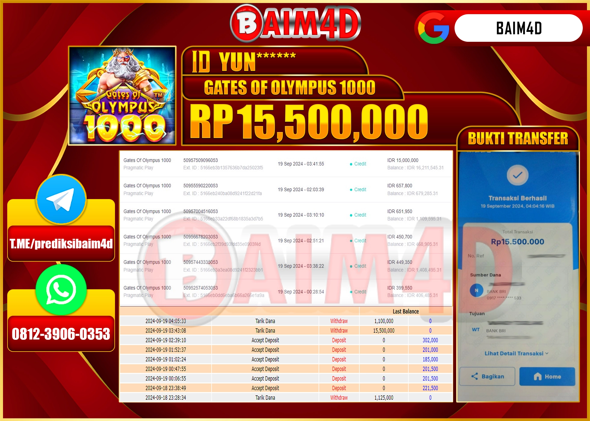 BAIM4D JACKPOT GATES OF OLYMPUS 1000 Rp.15.500,000.- LUNAS