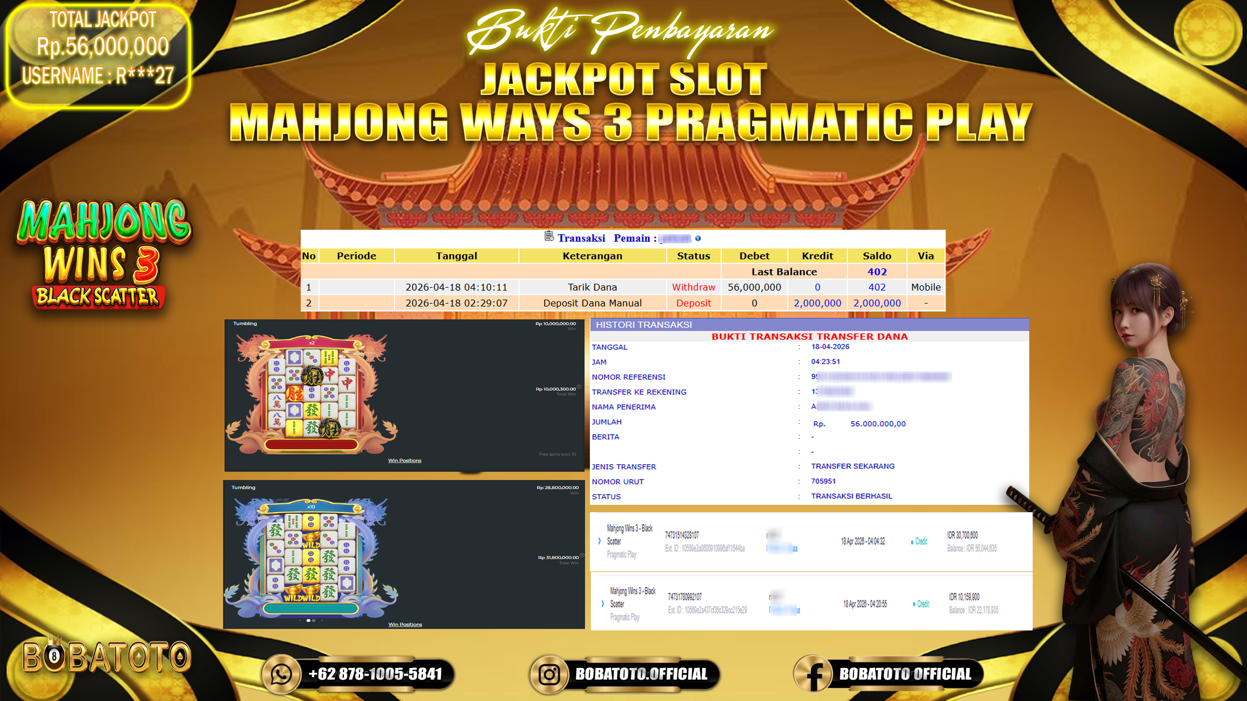 BOBATOTO JACKPOT SLOT MAHJONG WAYS 3  Rp.56,000,000,- LUNAS!!