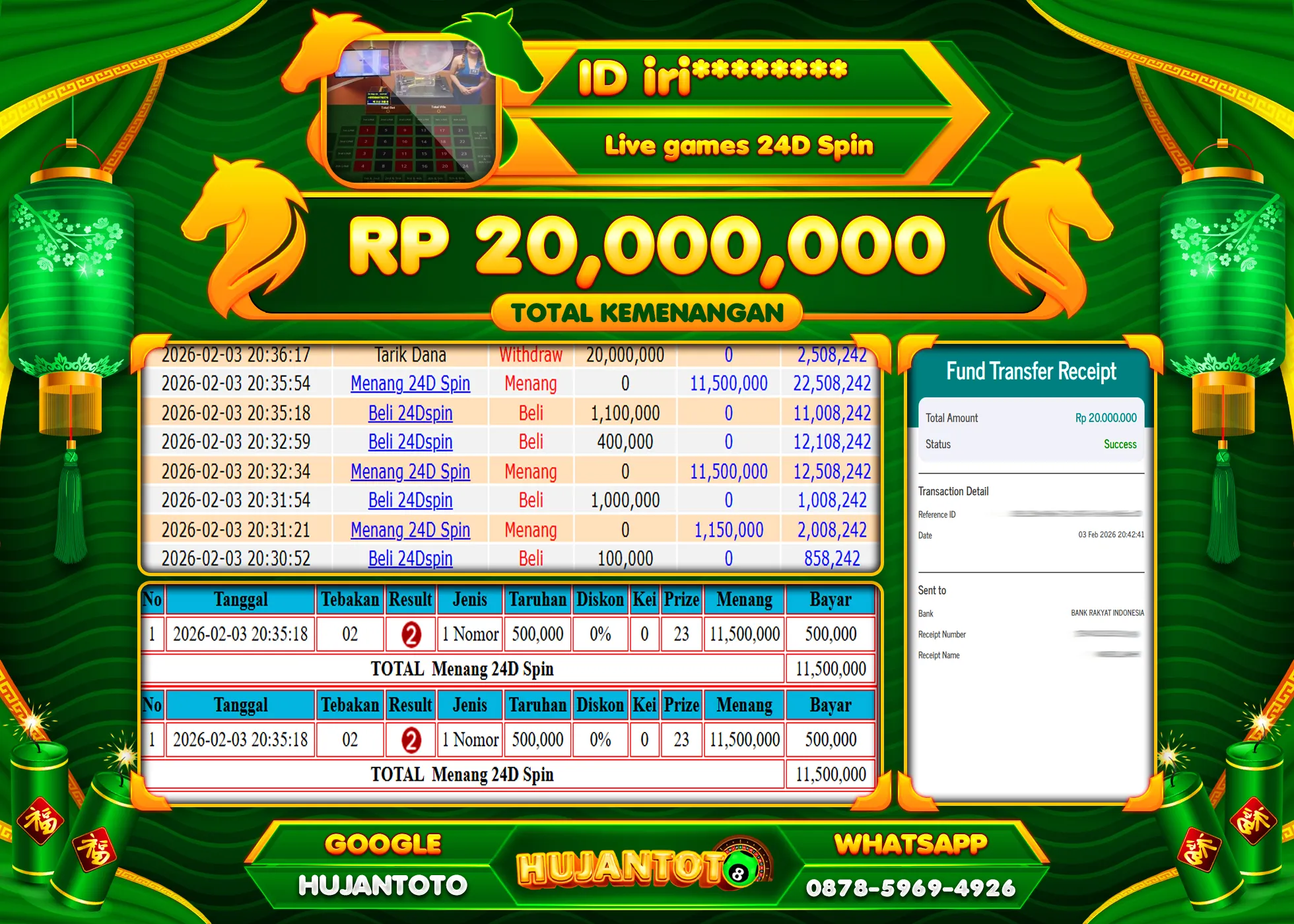 HUJANTOTO - BUKTI JACKPOT MENANG LIVEGAME 24D SPIN Rp.20,000,000 - TERBAYAR LUNAS