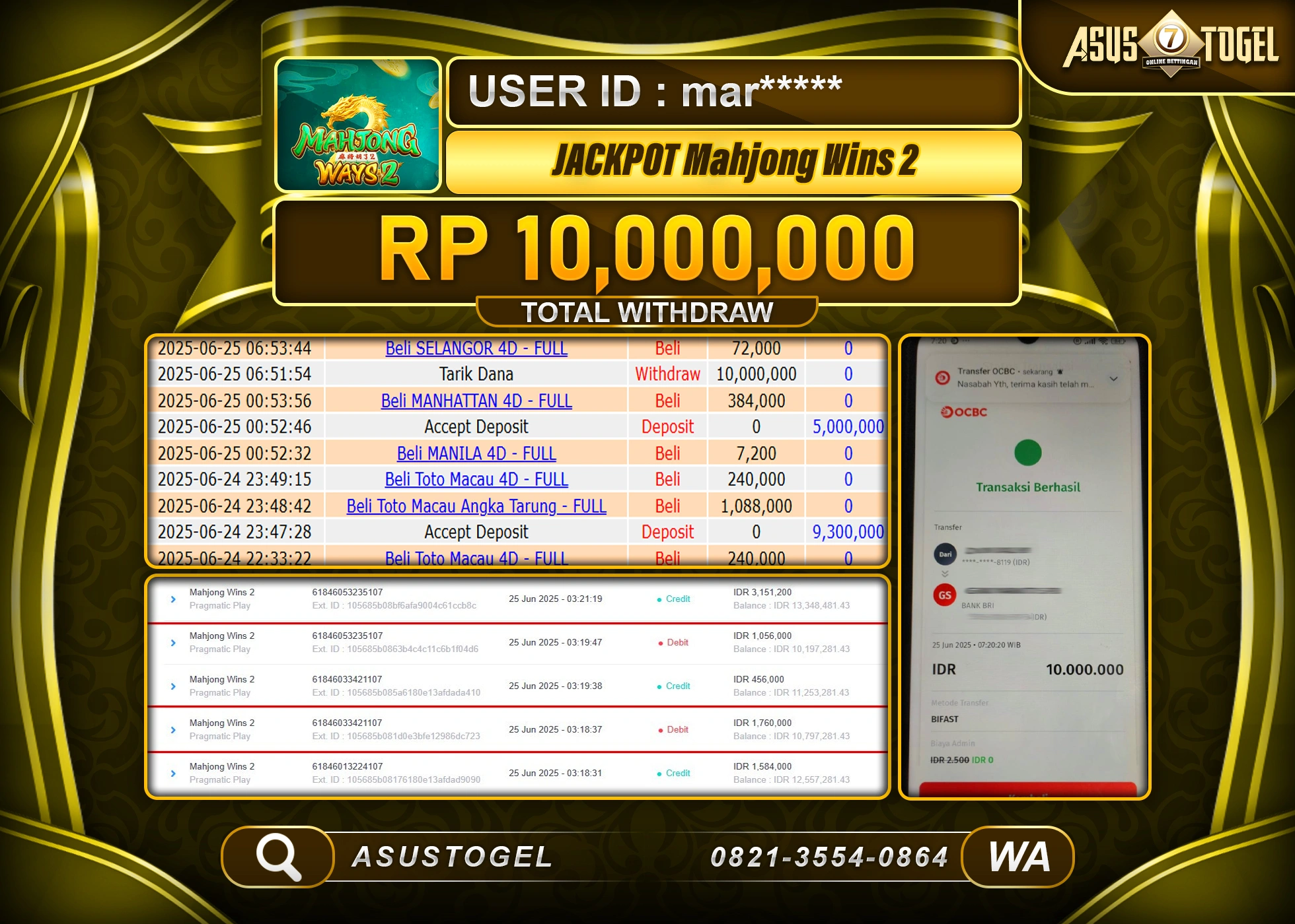 ASUSTOGEL KEMENANGAN DI SLOT MAHJONG WINS 2 SEBESAR 10,000,000- RUPIAH LUNAS