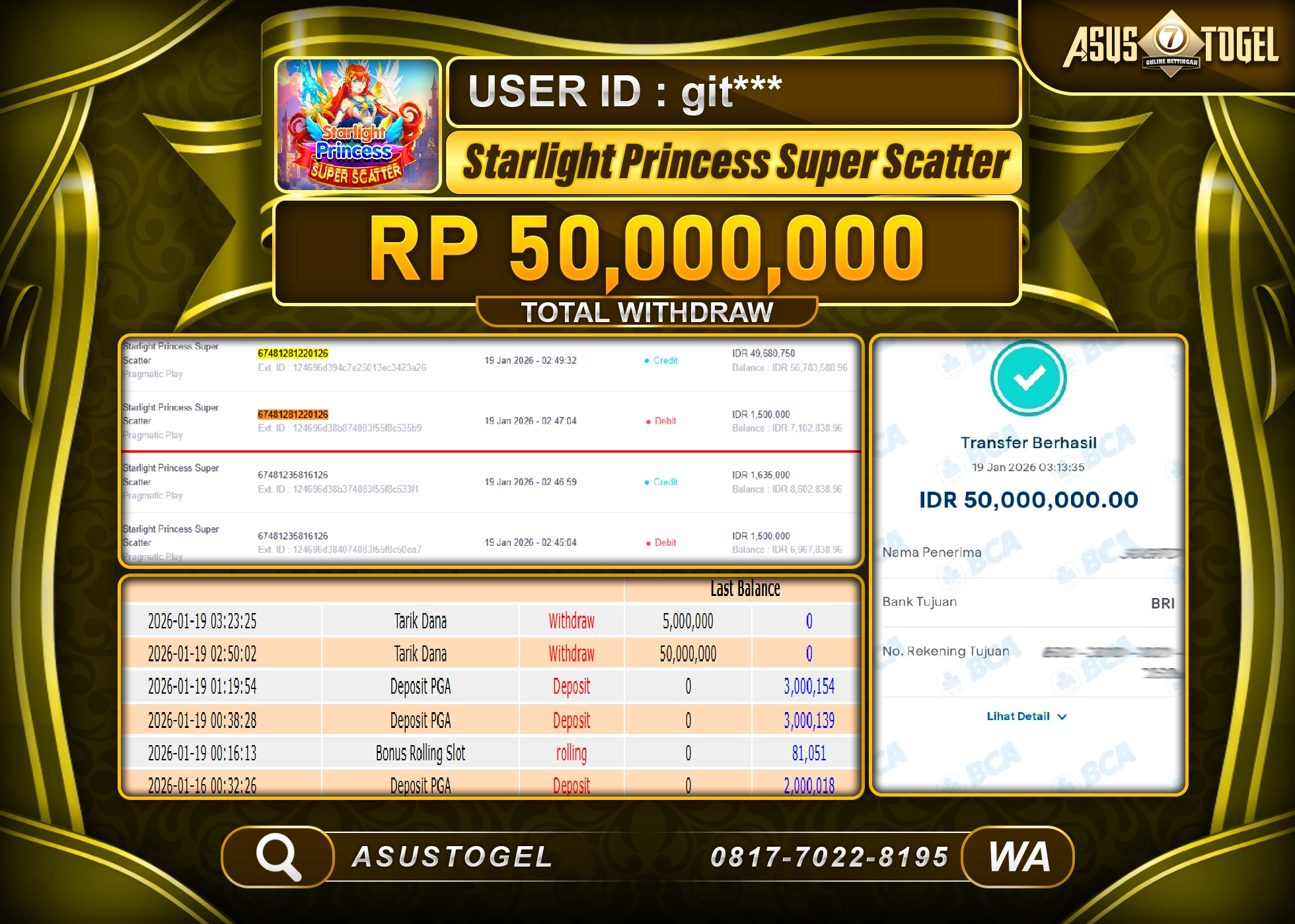 ASUSTOGEL KEMENANGAN DI SLOT STARLIGHT PRINCESS  SEBESAR 50,000,000 - RUPIAH LUNAS