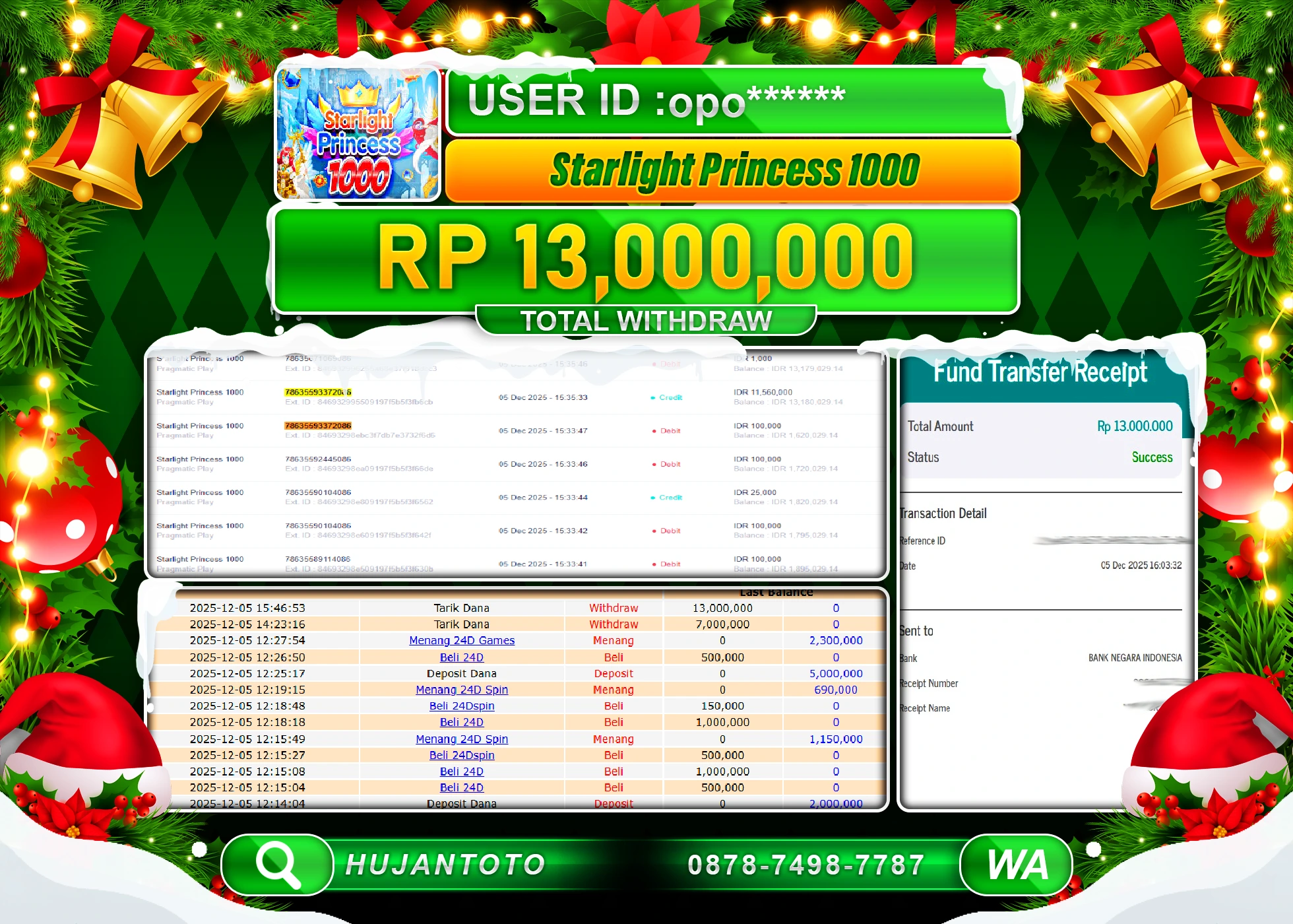 HUJANTOTO - BUKTI JACKPOT MENANG SLOT STARLIGHT PRINCESS 1000 Rp.13,000,000 - TERBAYAR LUNAS