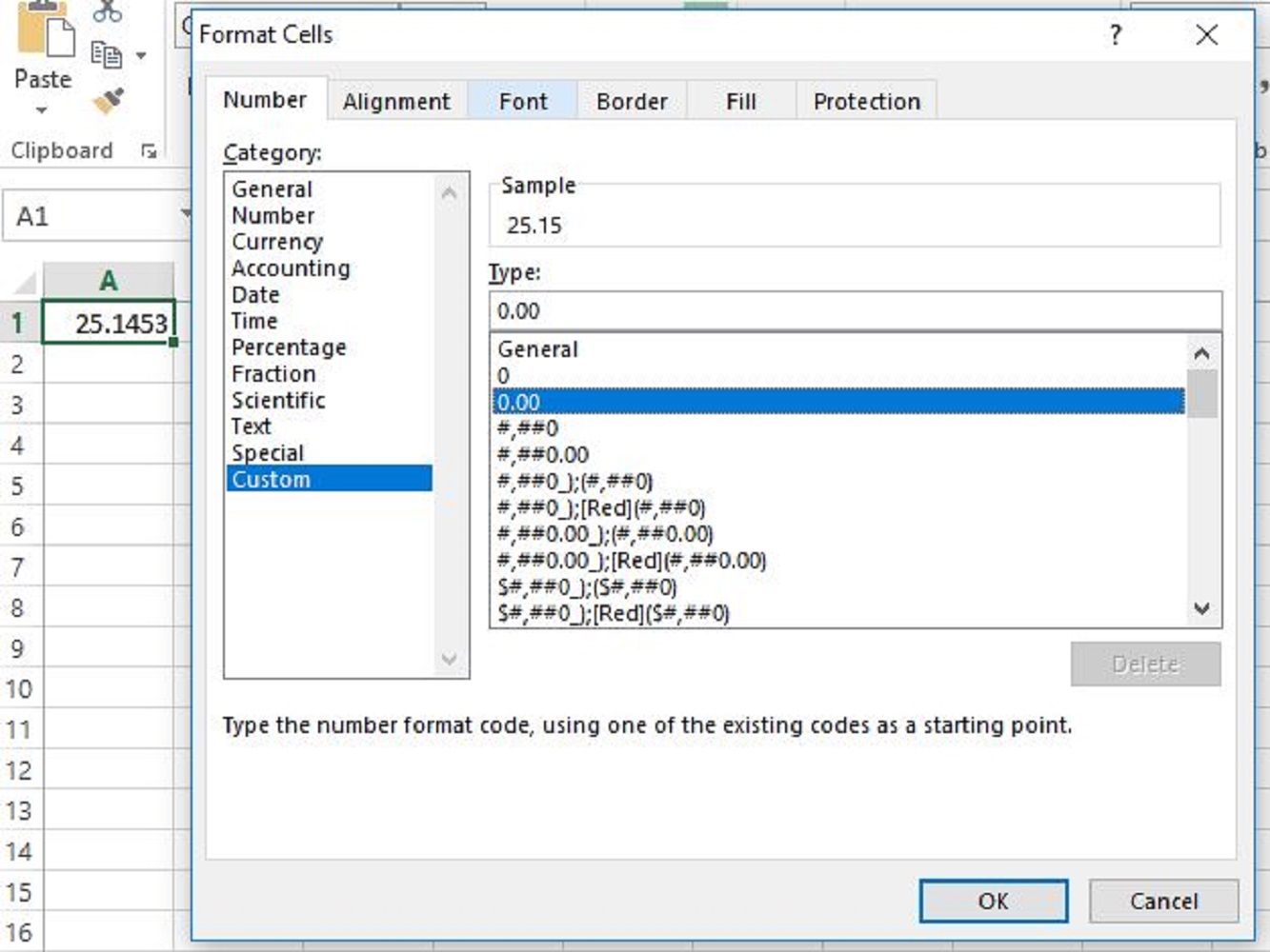 Screenshot of the excel decimal format