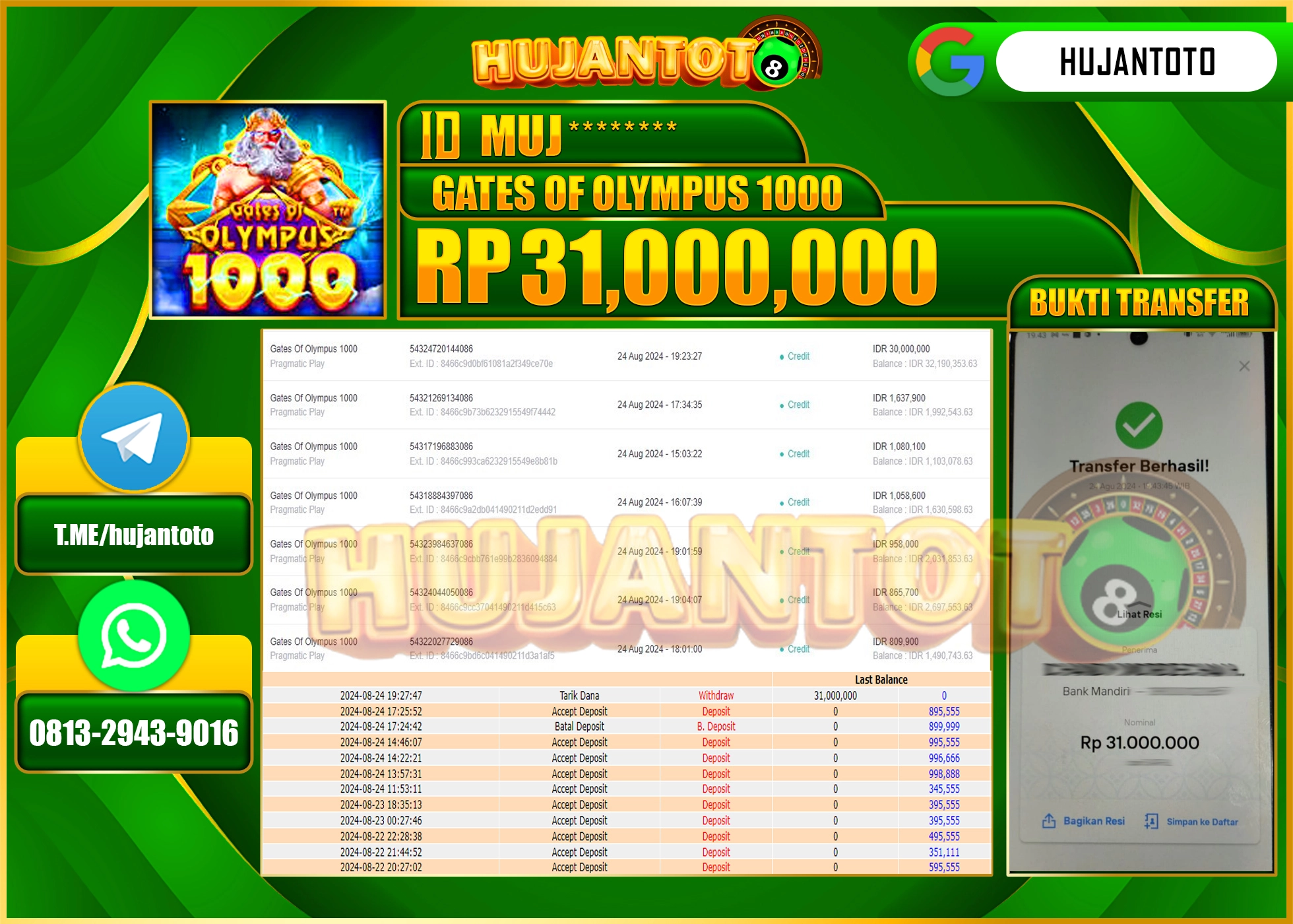 HUJANTOTO MENANG BESAR DI PERMAINAN SLOT GATES OF OLYMPUS 1000 31.000.000 - LUNAS 