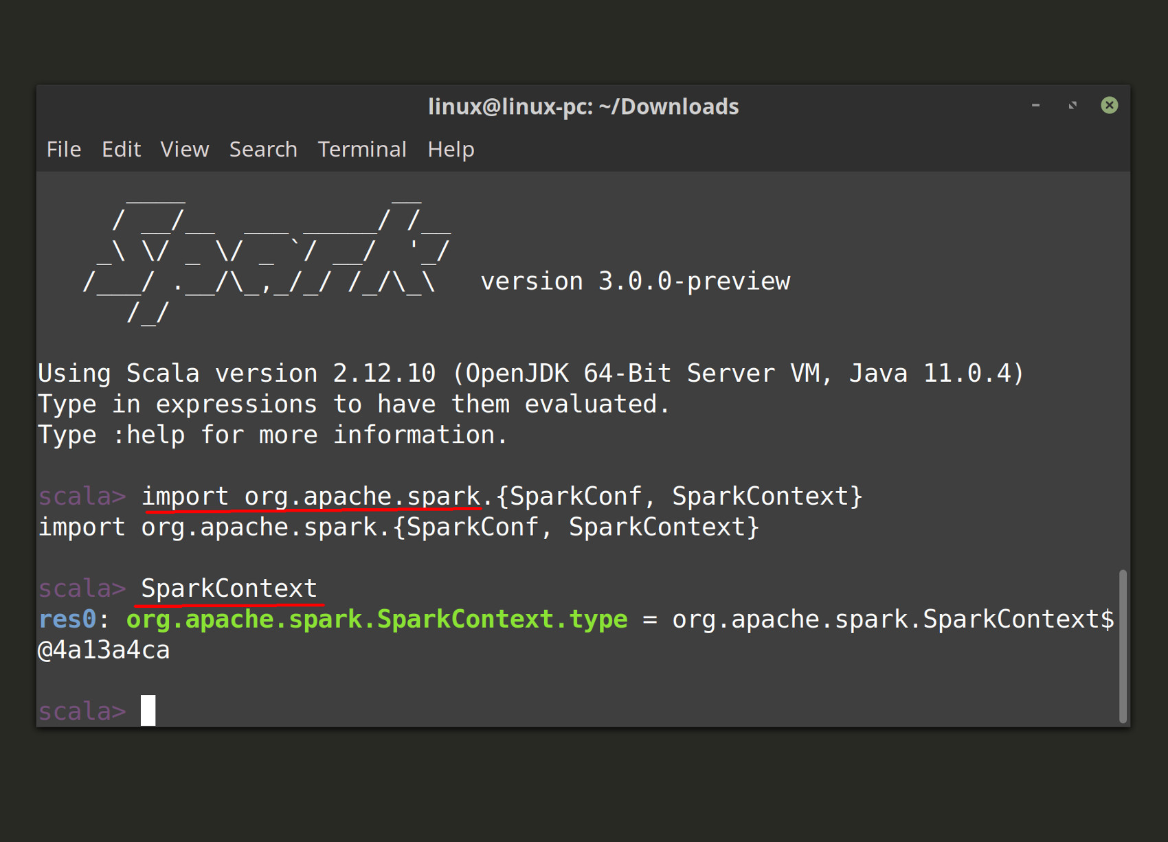 Screenshot of Spark importing libraries scala spark-shell