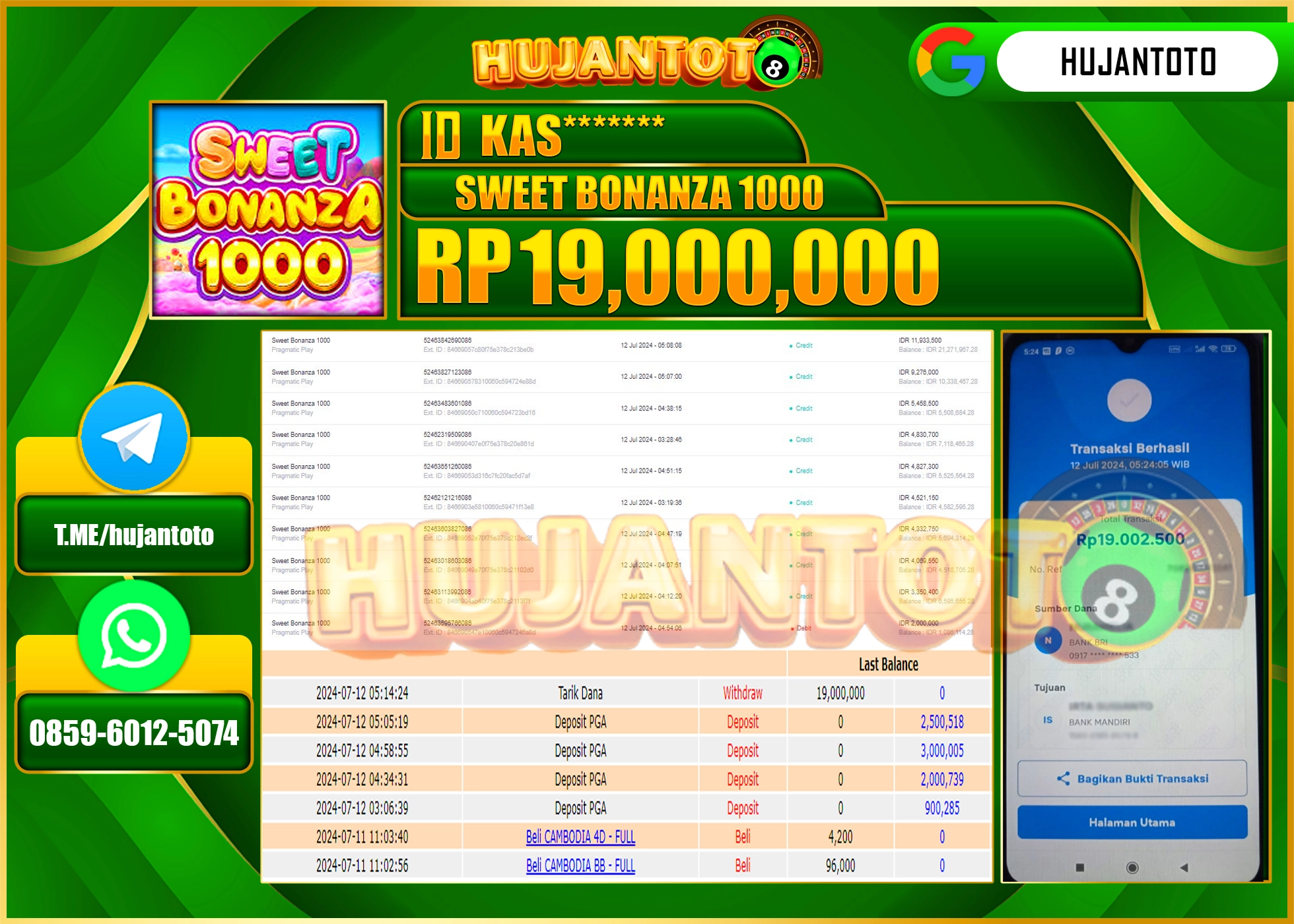 HUJANTOTO MENANG SLOT SWEET BONANZA 1000 (Pragmatic Play)  19.000.000 - LUNAS 