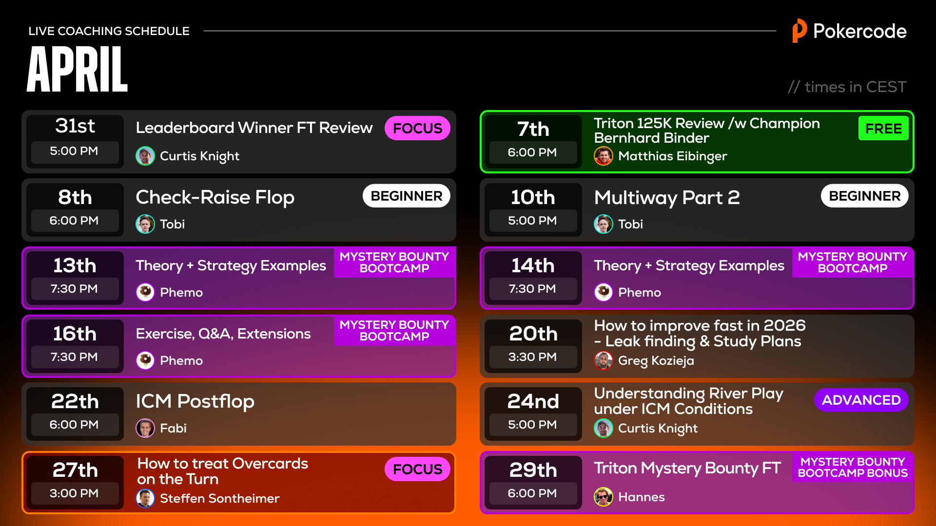 Pokercode April 2026 Full Coaching Schedule