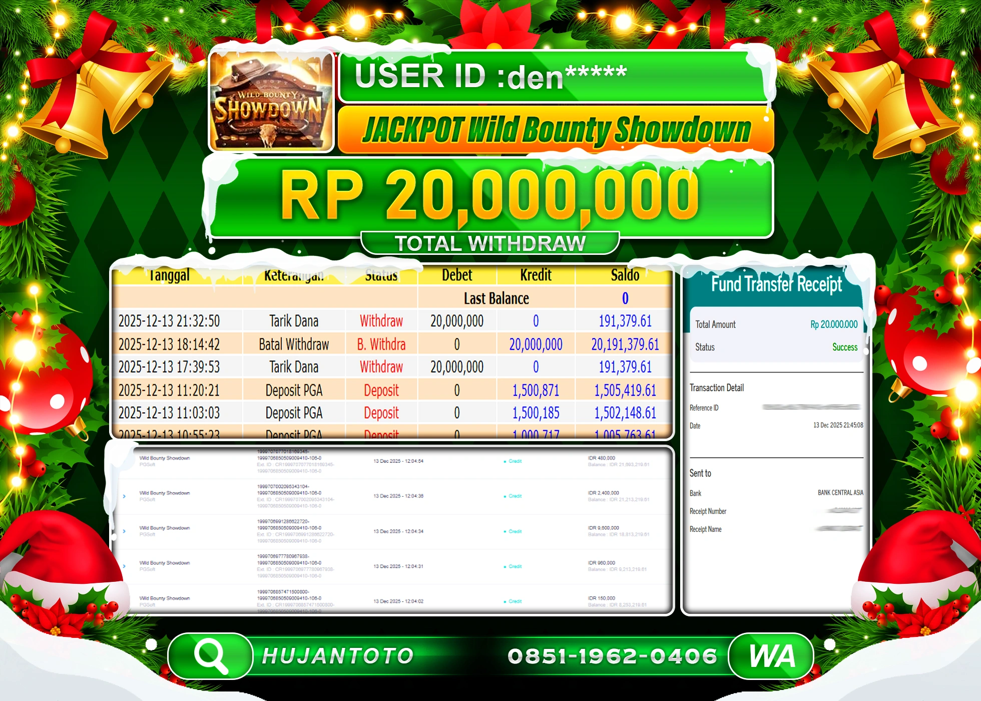 HUJANTOTO - BUKTI JACKPOT MENANG SLOT WILD BOUNTY SHOWDOWN Rp.20,000,000 - TERBAYAR LUNAS