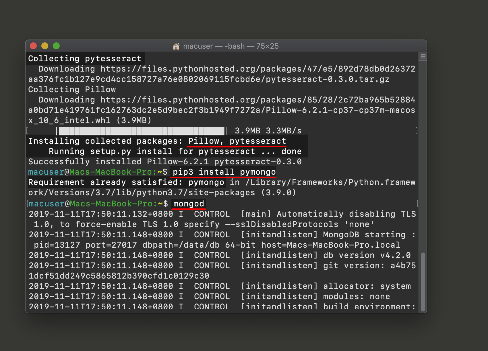 Screenshot of a UNIX terminal installing PyTesseract, Pillow, and PyMongo with PIP and getting MongoDB process