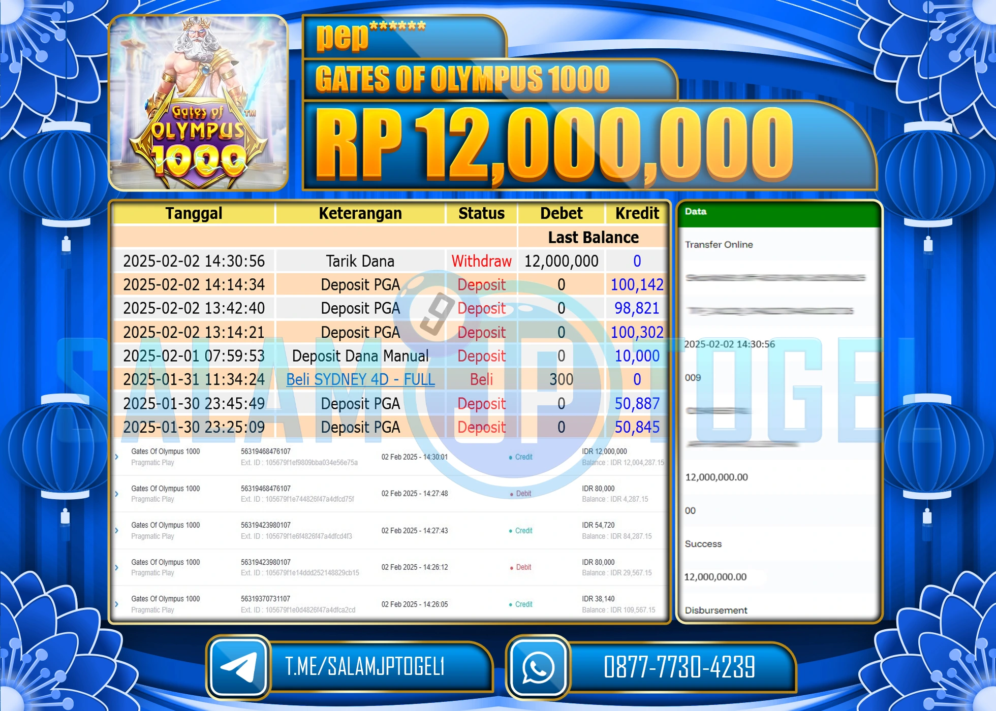 SALAMJPTOGEL MENANG GATES OF OLYMPUS 1000  Rp.12,000,000 LUNAS