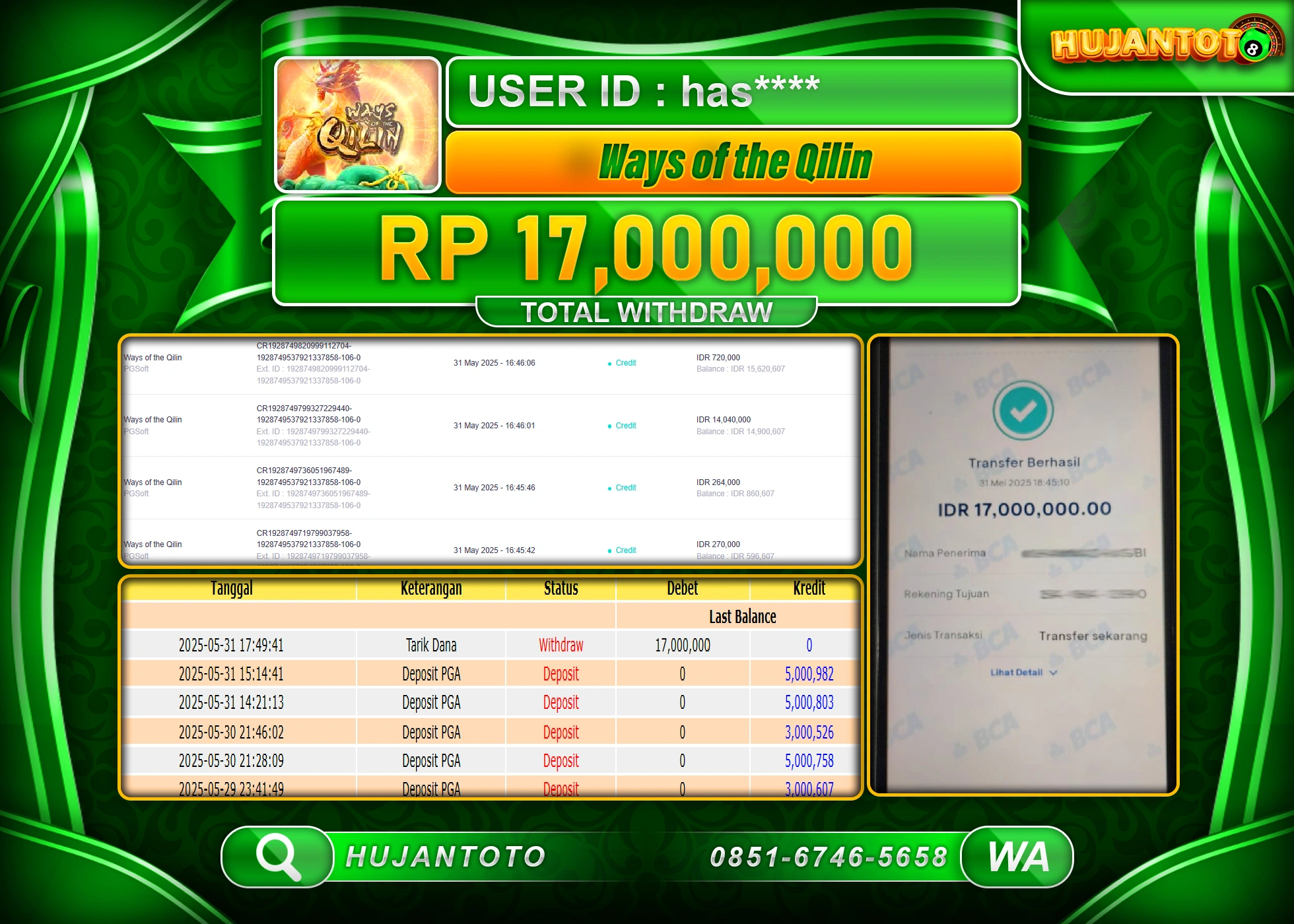   HUJANTOTO - BUKTI JACKPOT MENANG SLOT WAY OF THE QHILIN 17,000,000 - TERBAYAR LUNAS